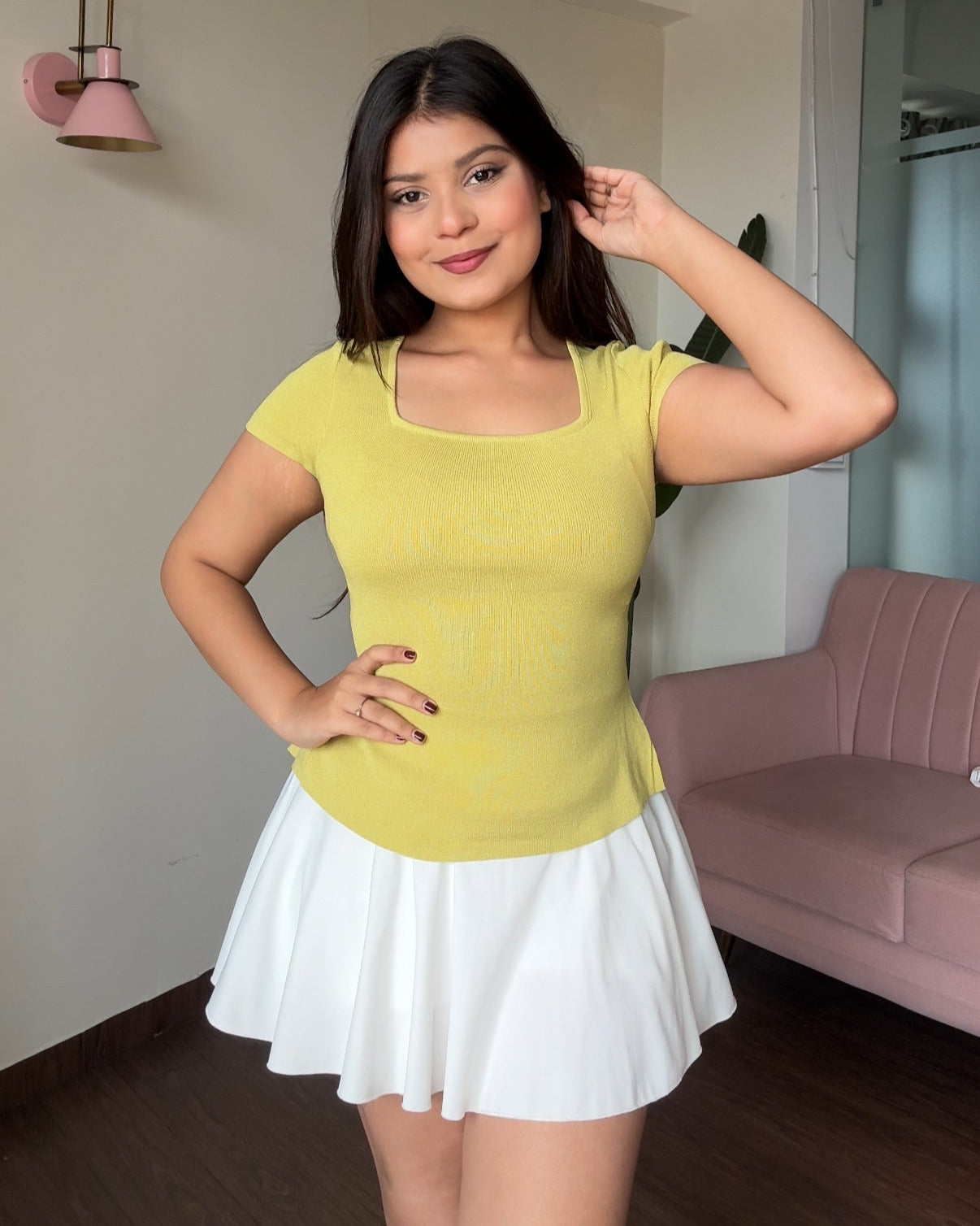 Square Neck Back Tie Up Knitted Top