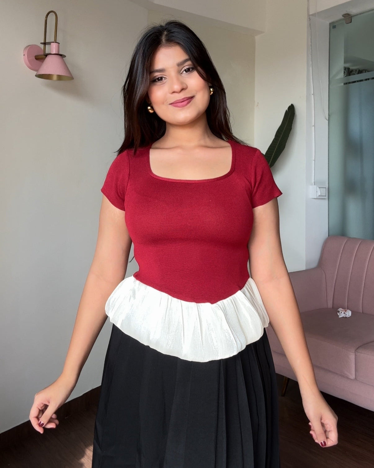 Square Neck Balloon Peplum Bodycon Top