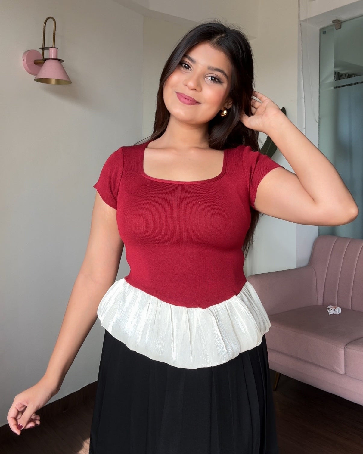 Square Neck Balloon Peplum Bodycon Top