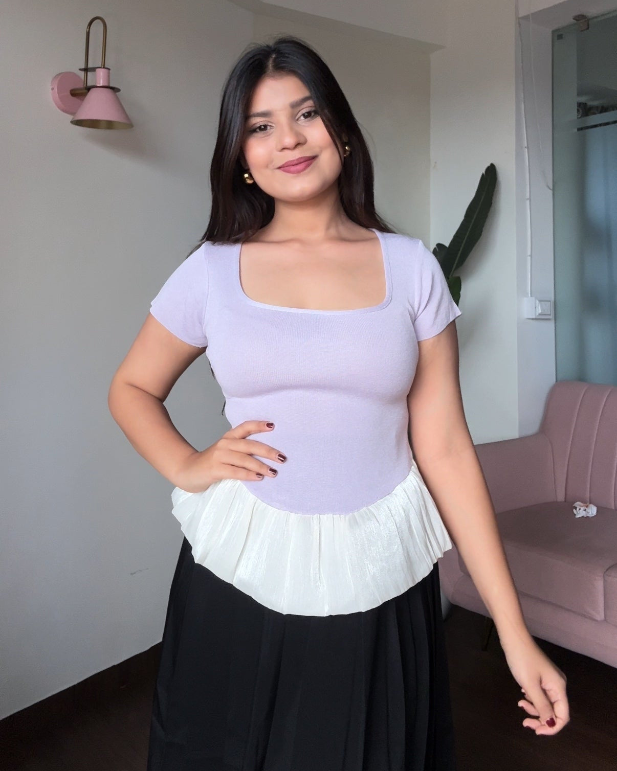 Square Neck Balloon Peplum Bodycon Top