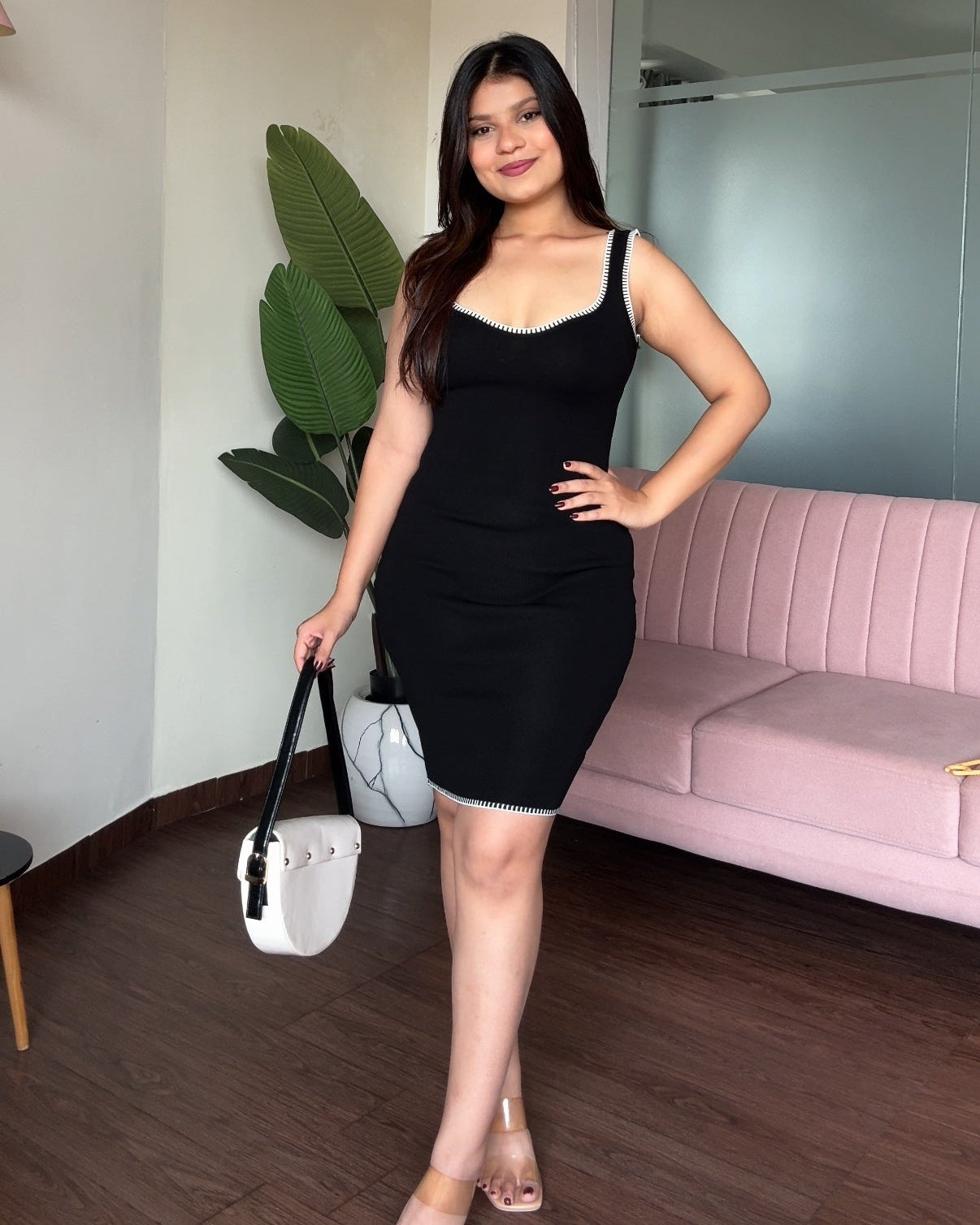 Square Neck Contrast Hem Bodycon Midi Dress