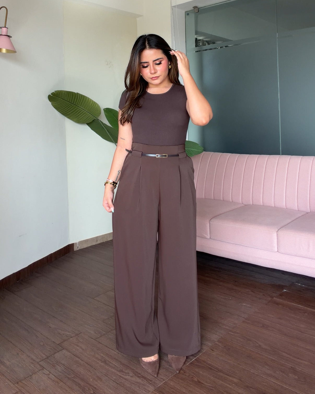 Straight Fit Wide Leg Pants With Belt For Women