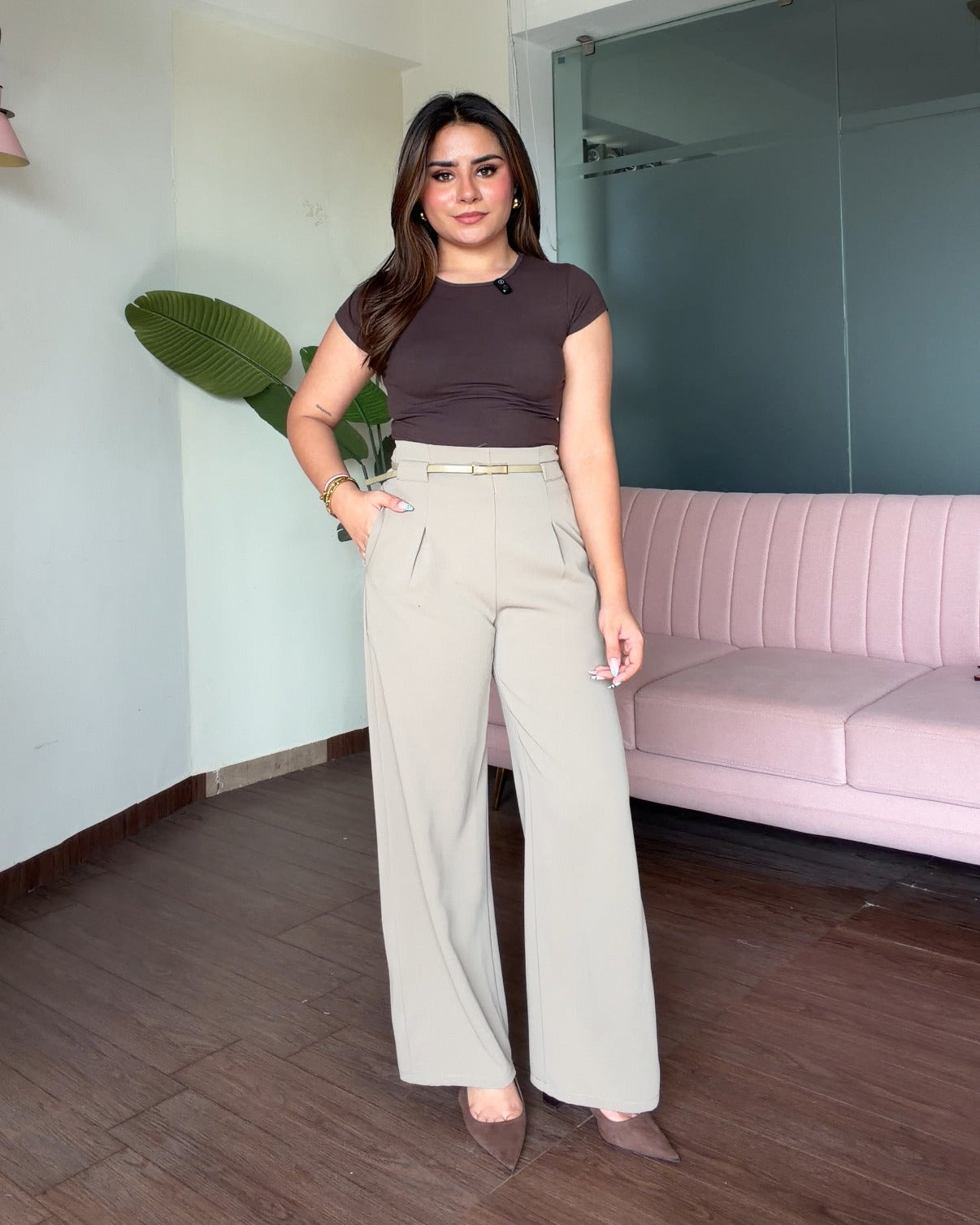 Straight Fit Wide Leg Pants With Belt For Women