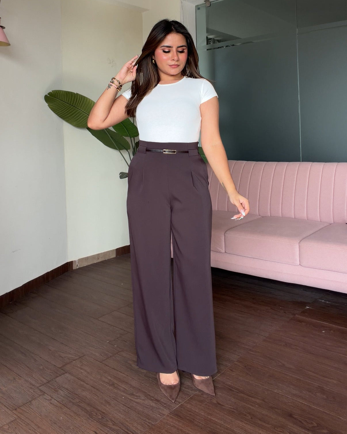 Straight Fit Wide Leg Pants With Belt For Women