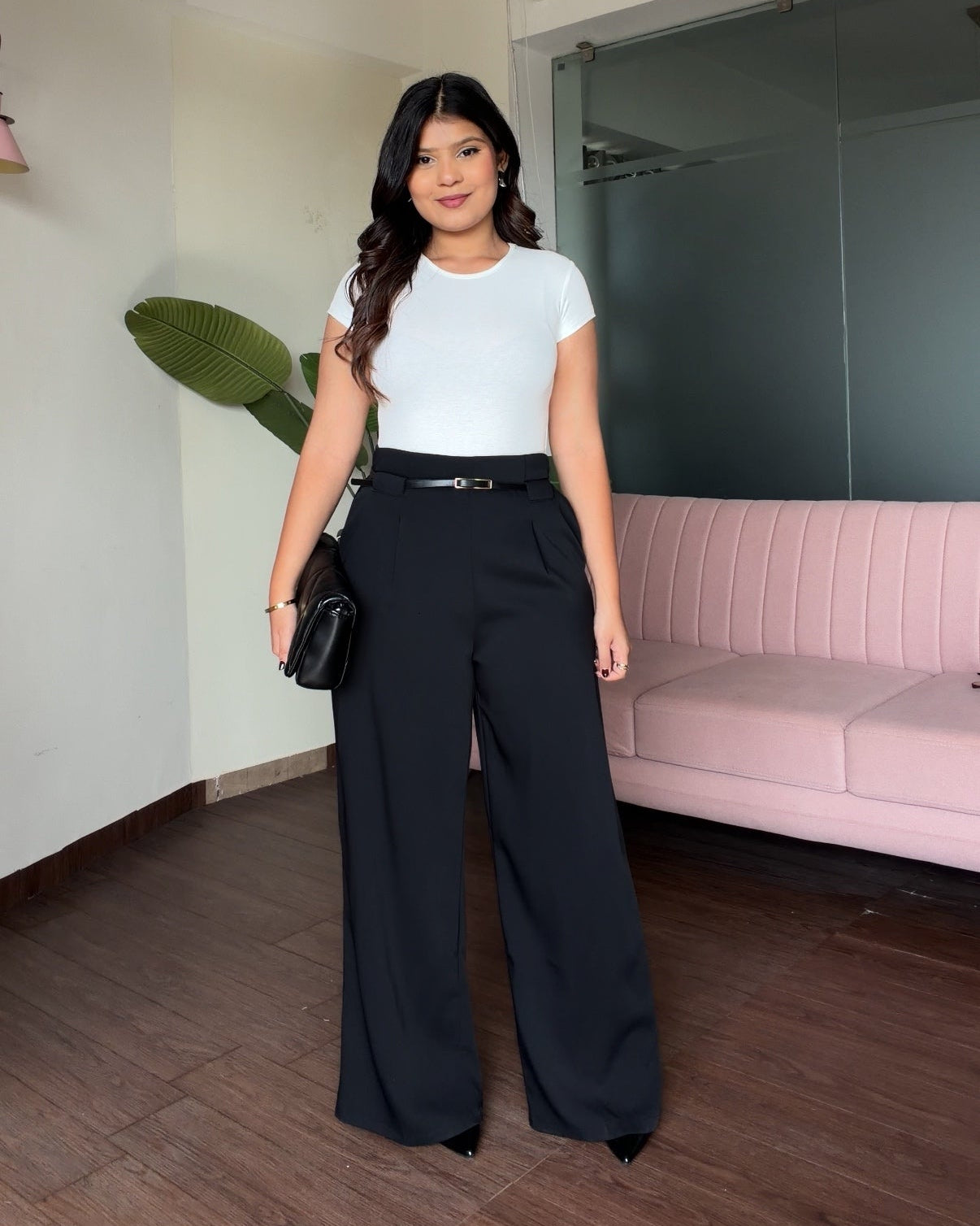 Straight Fit Wide Leg Pants With Belt For Women