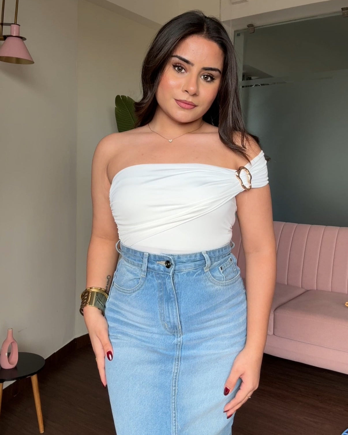 Strapless Bodycon Boho Bodysuit With Golden Buckle