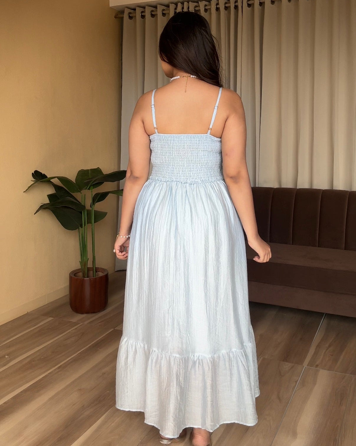 Strappy Flower Detailing Smocked Midi Dress