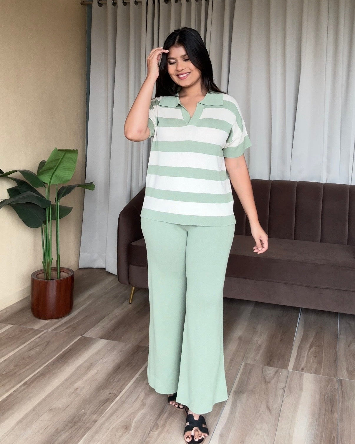Striped Detailing Collared Summer Knit Co-ord Set