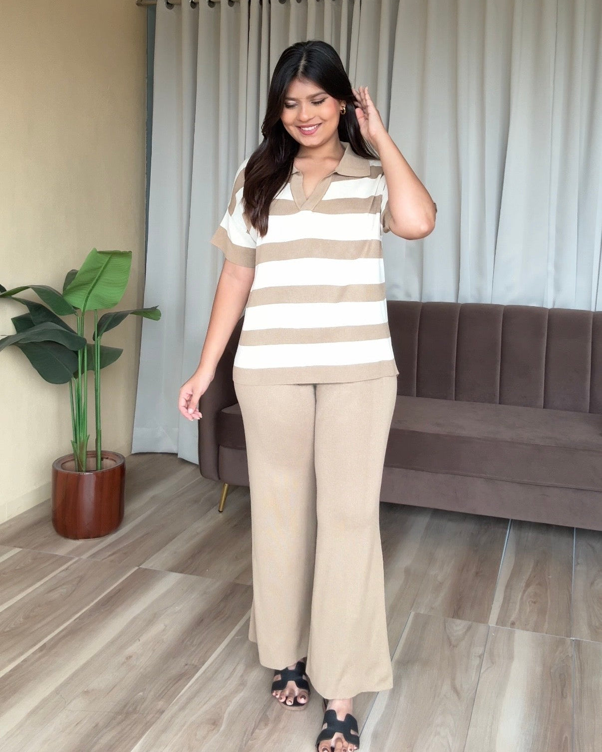 Striped Detailing Collared Summer Knit Co-ord Set
