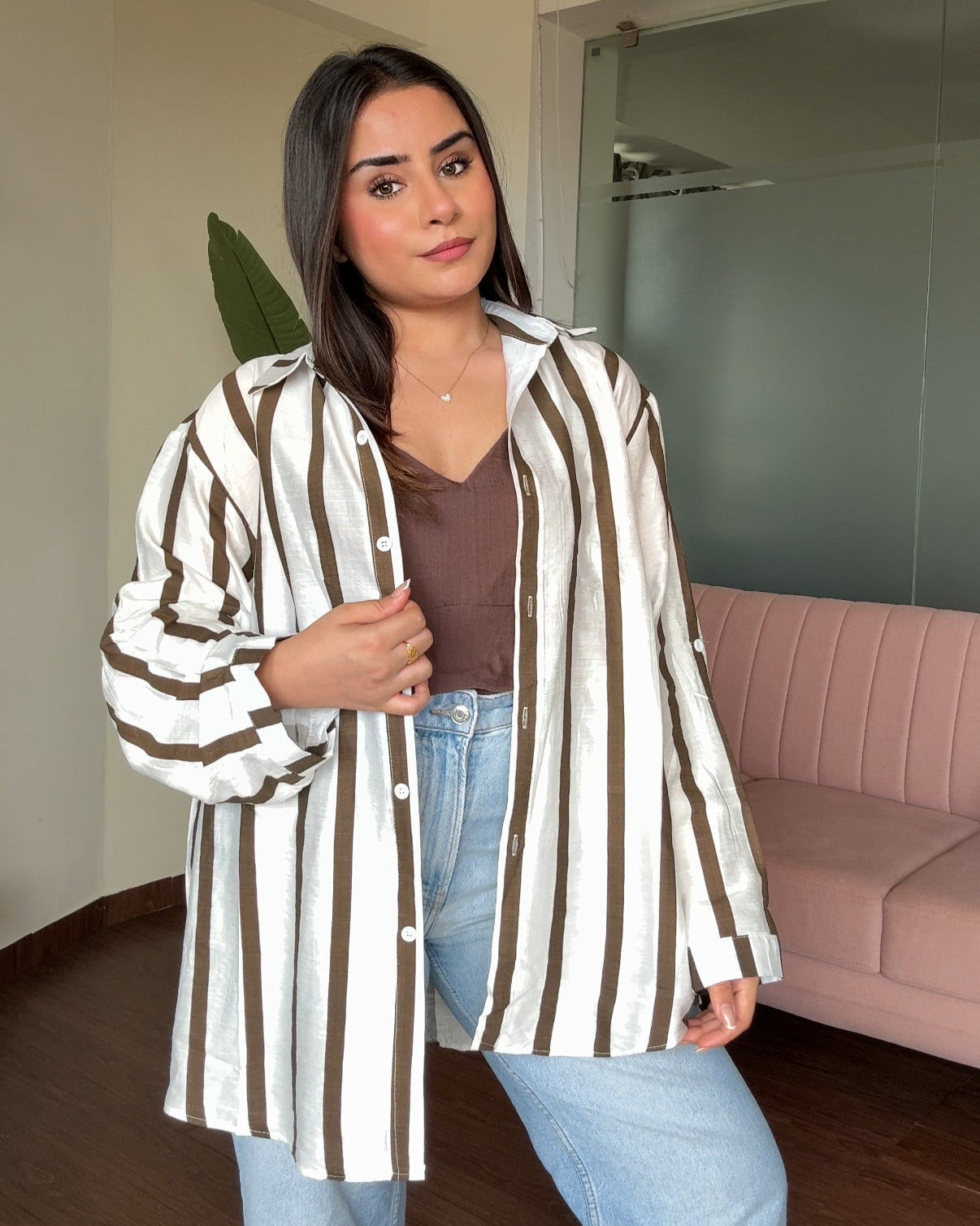 Striped Linen Oversized Shirt With Cami Top