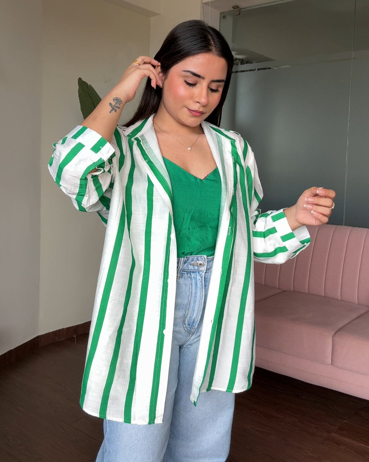 Striped Linen Oversized Shirt With Cami Top