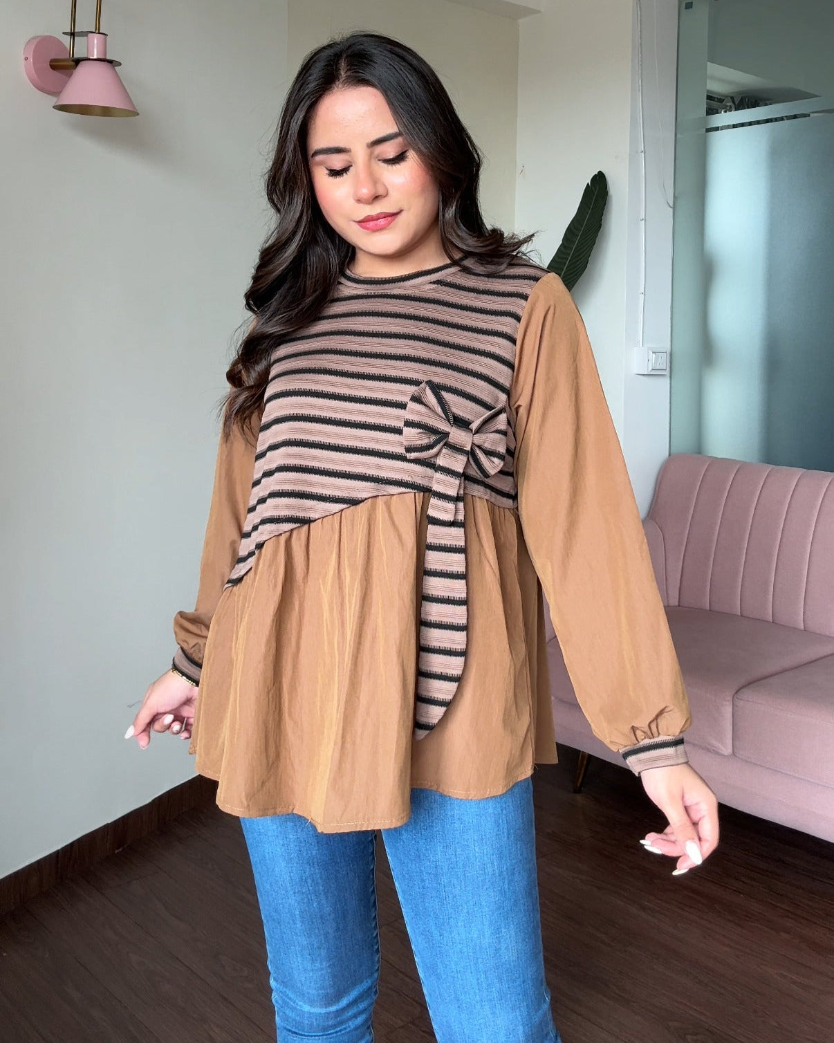 Striped Oversized Peplum Top With Bow