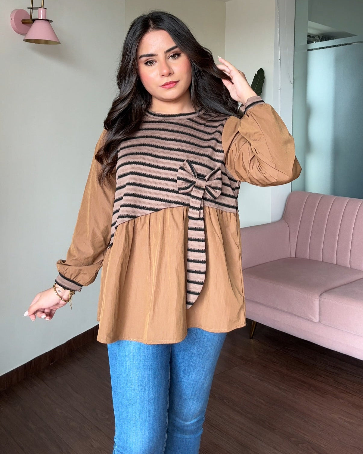 Striped Oversized Peplum Top With Bow