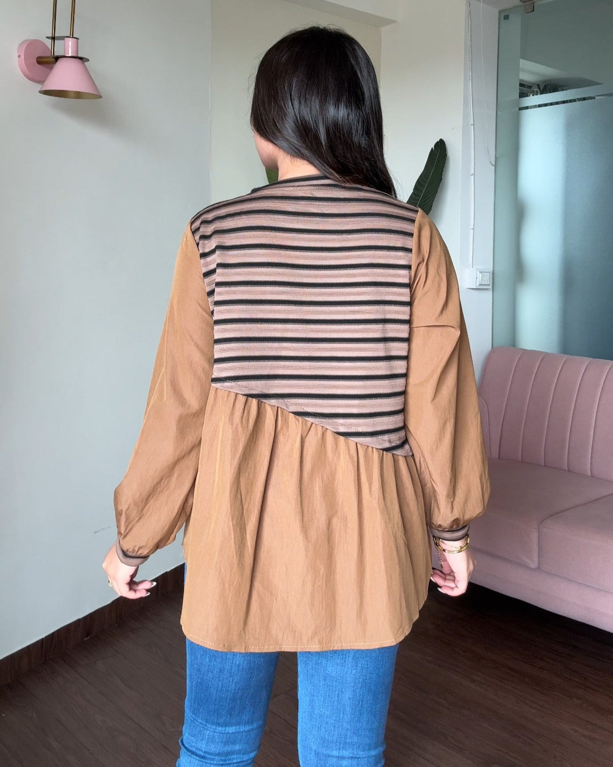 Striped Oversized Peplum Top With Bow