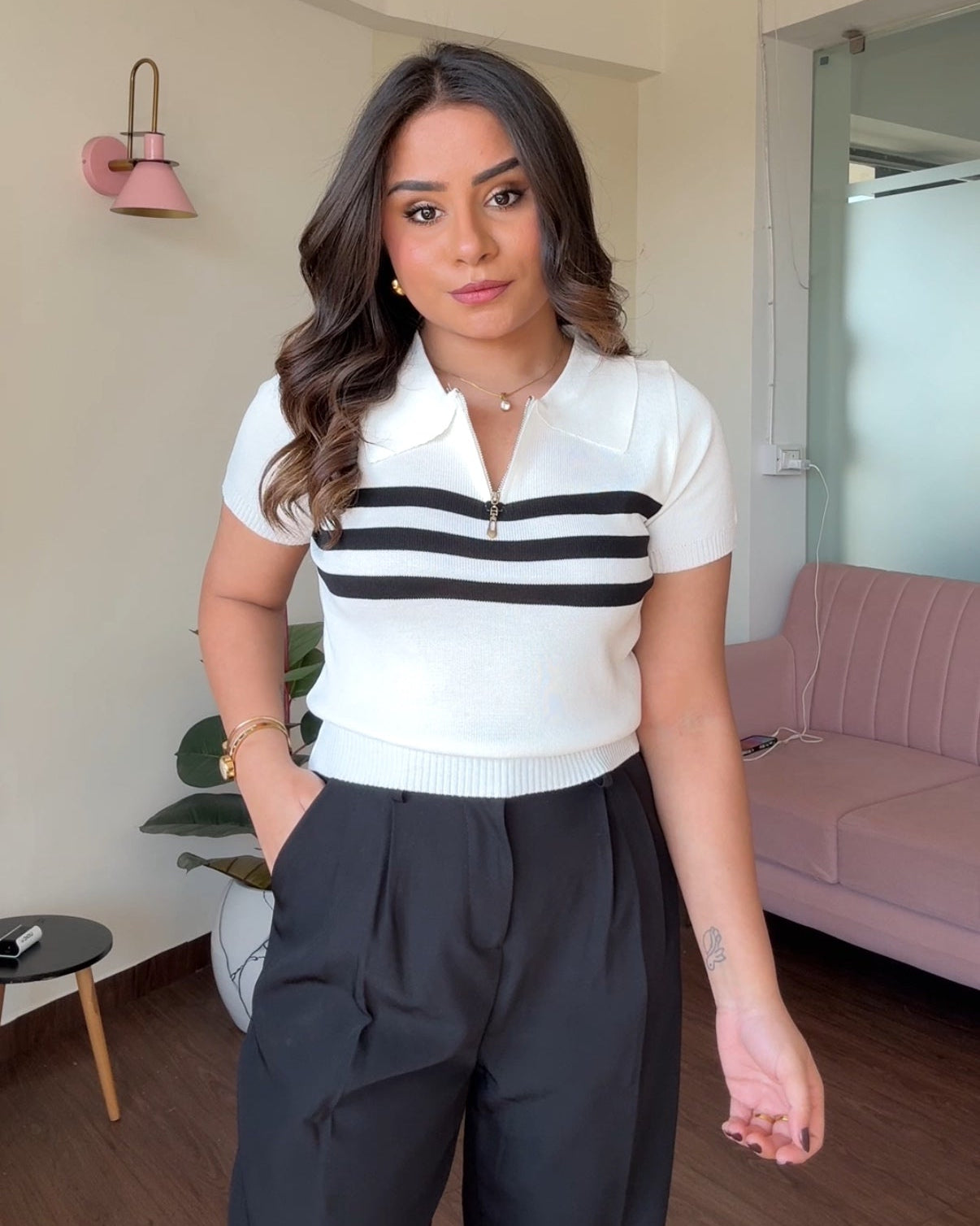 Striped Zipper Polo Tee