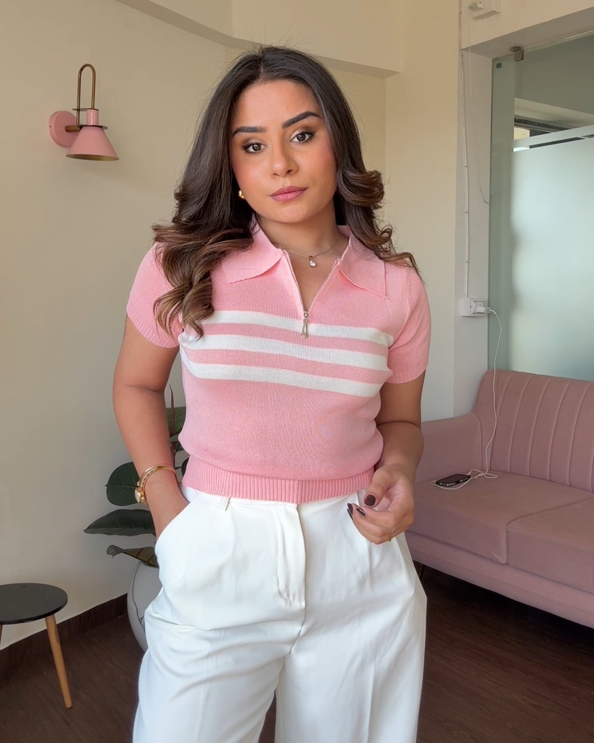 Striped Zipper Polo Tee