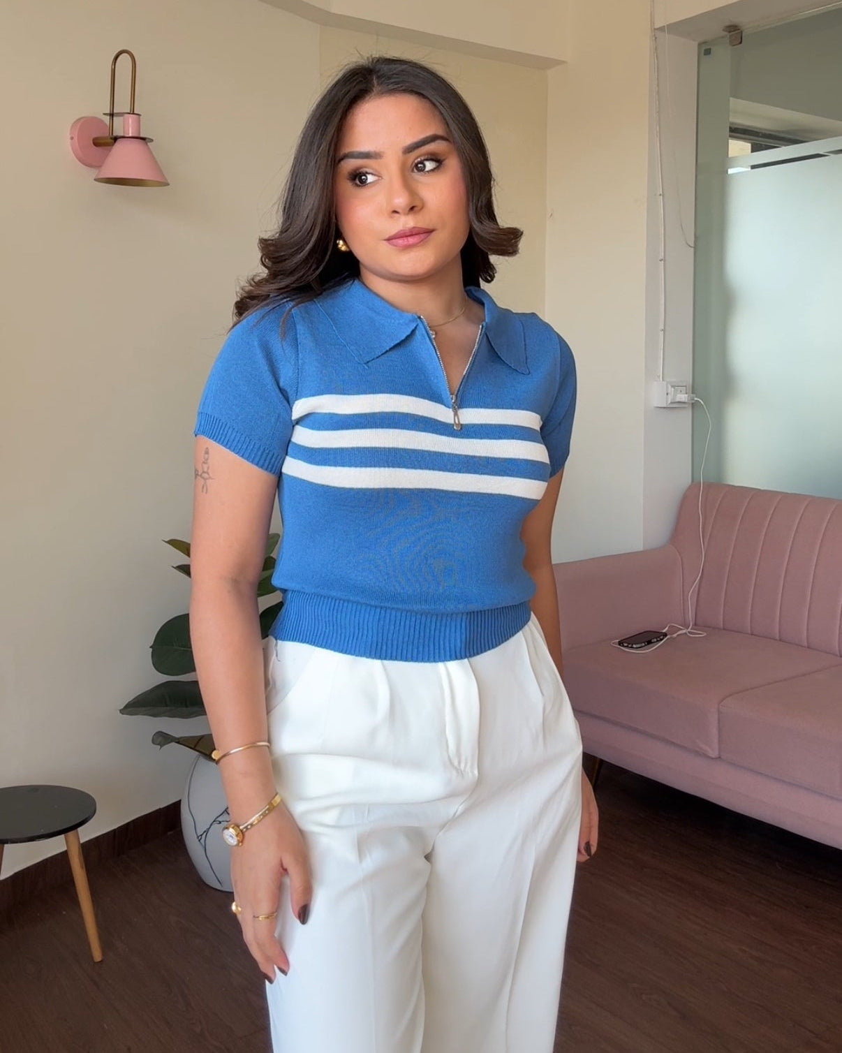 Striped Zipper Polo Tee