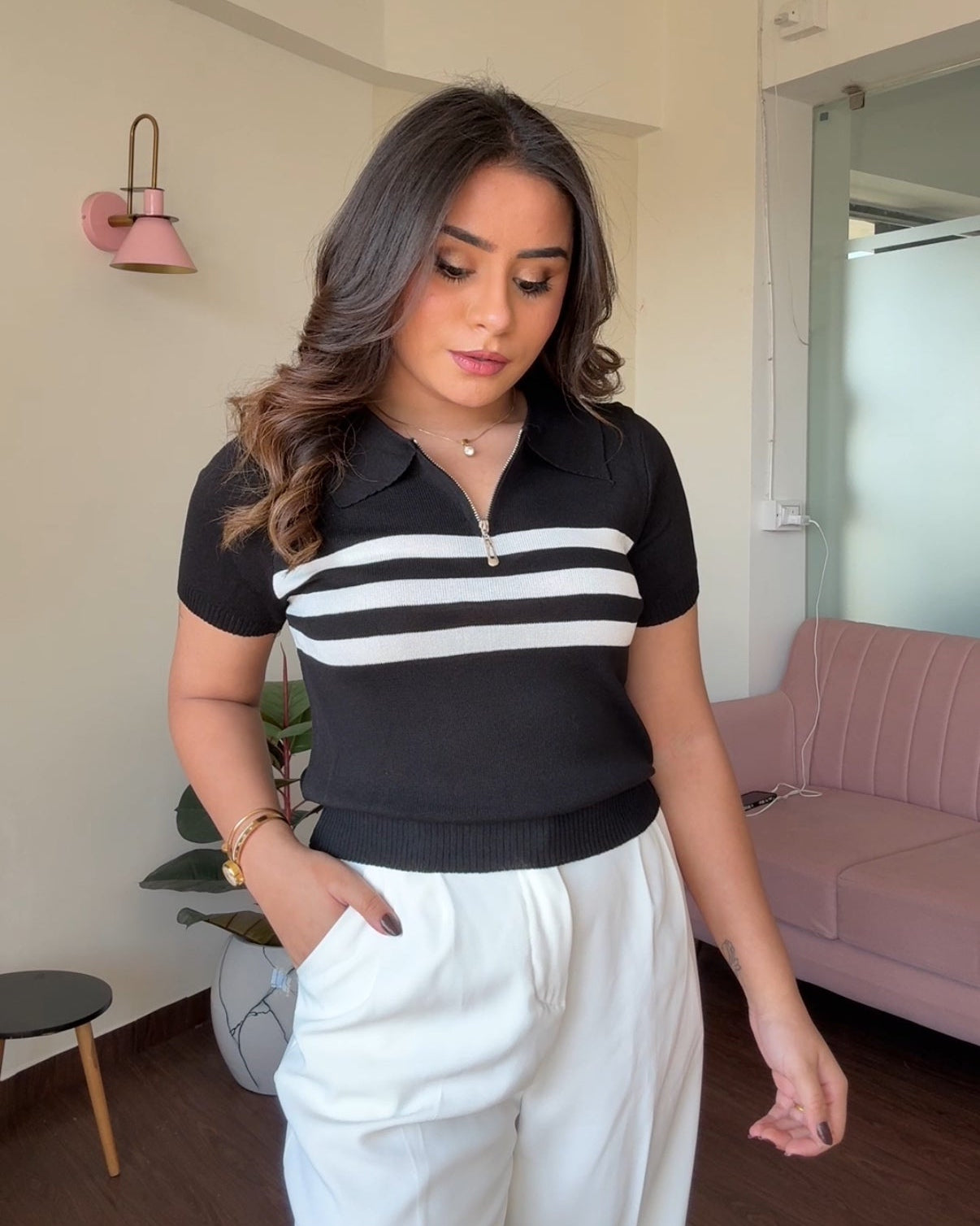 Striped Zipper Polo Tee