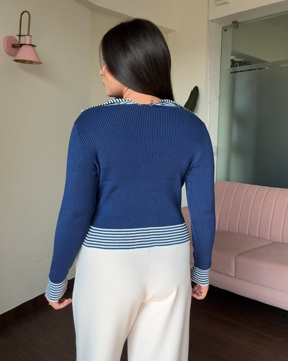 Stripped Button-Up Boat Neck Full Sleeve Top