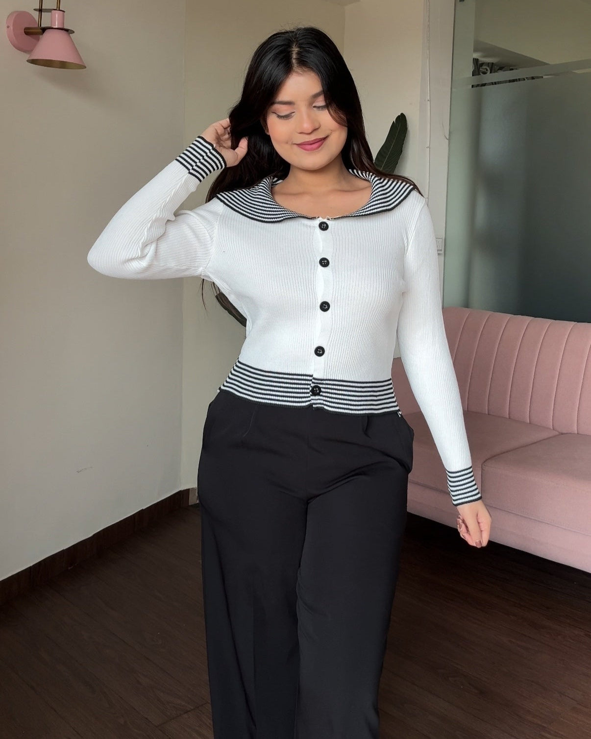 Stripped Button-Up Boat Neck Full Sleeve Top