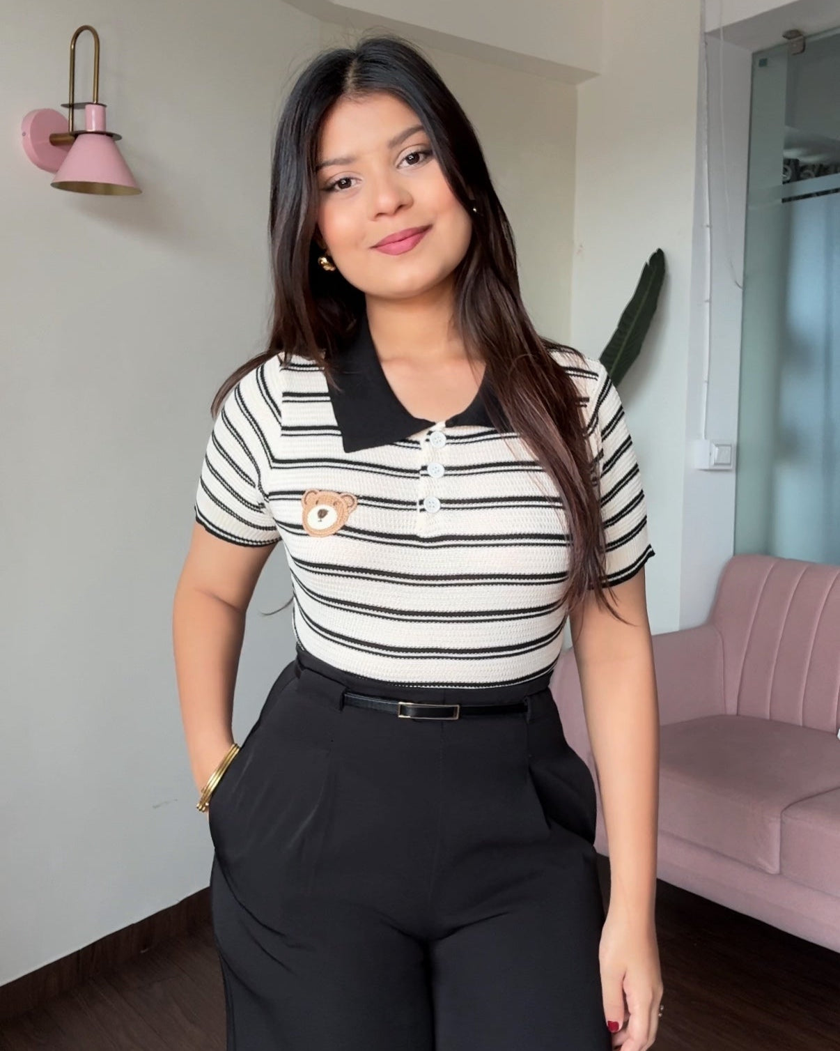 Stripped Knitted Collared Teddy Button Up Tee