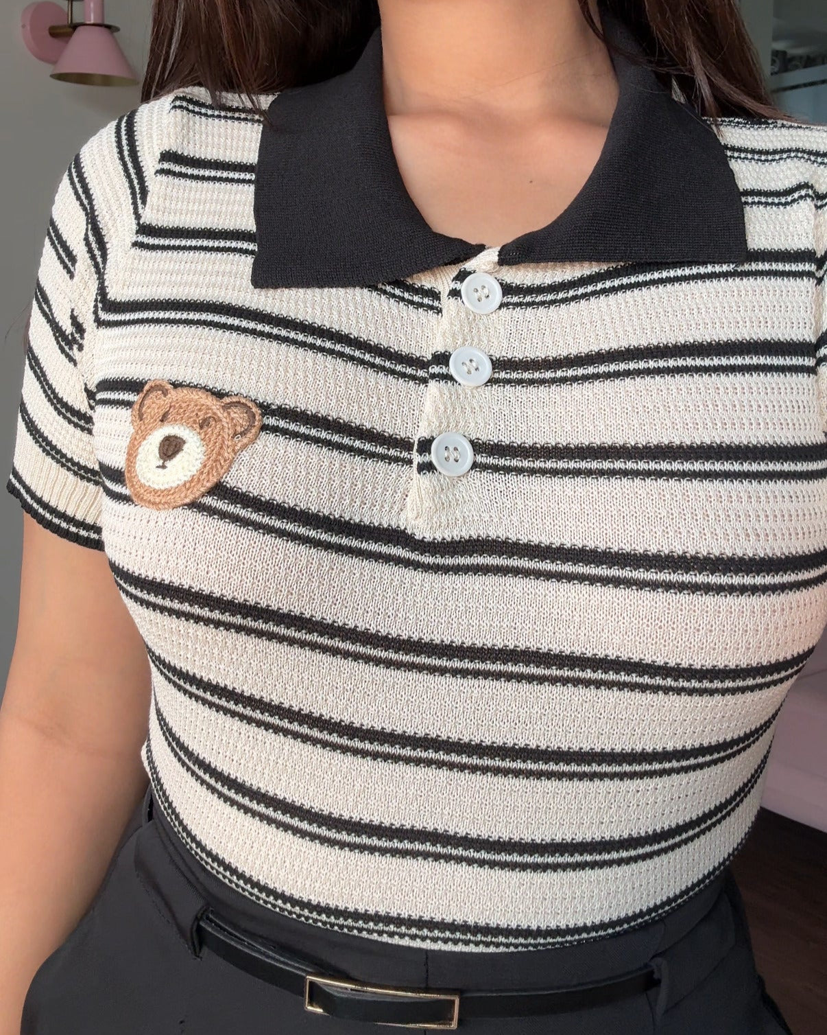 Stripped Knitted Collared Teddy Button Up Tee