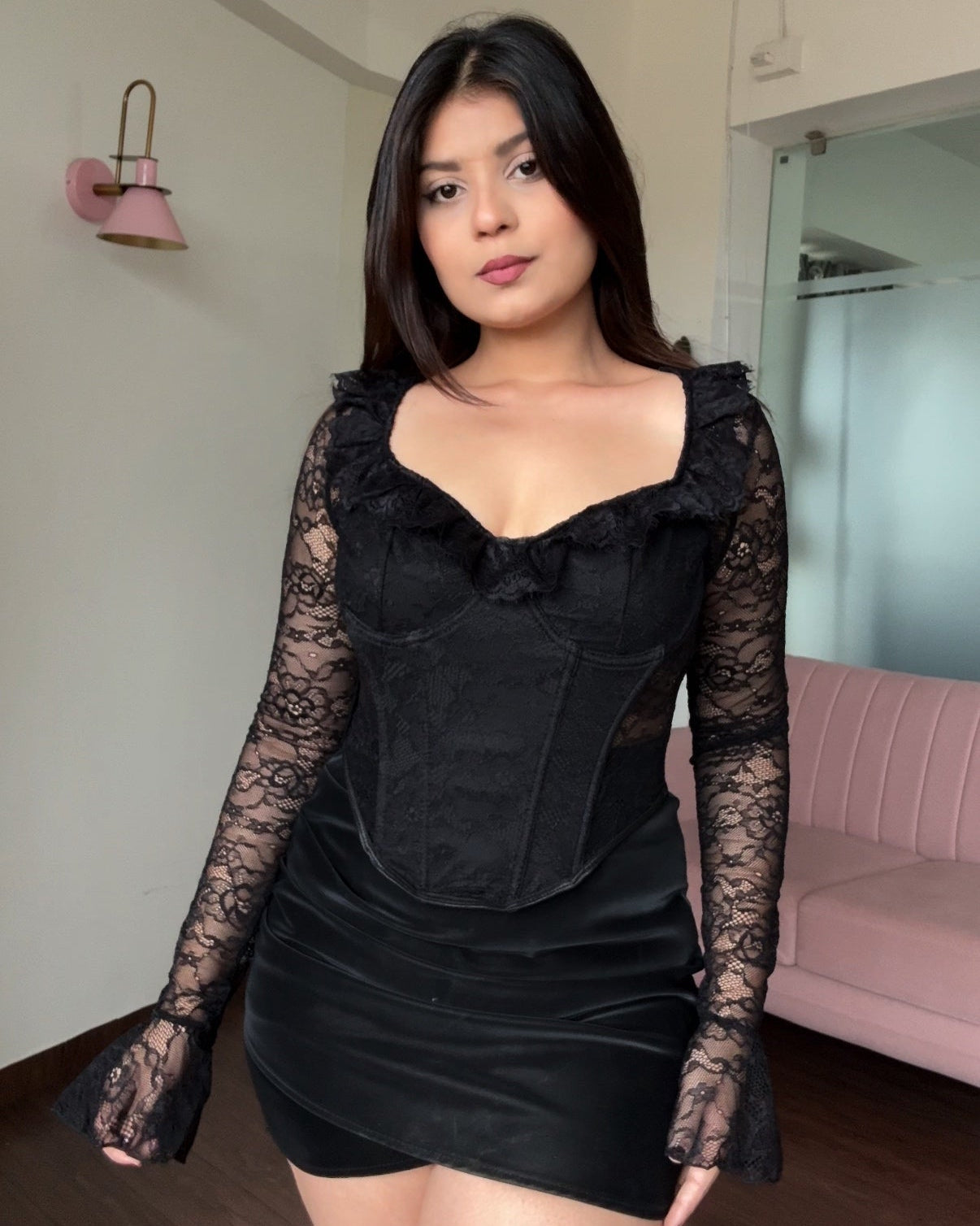 Sweetheart Bell Sleeves Ruffle Sheer Lace Corset Top