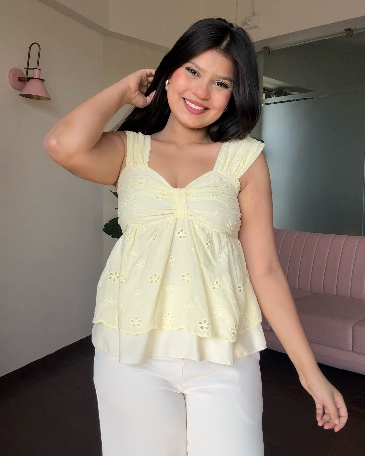 Sweetheart Neck Cut Work Summer Peplum Top
