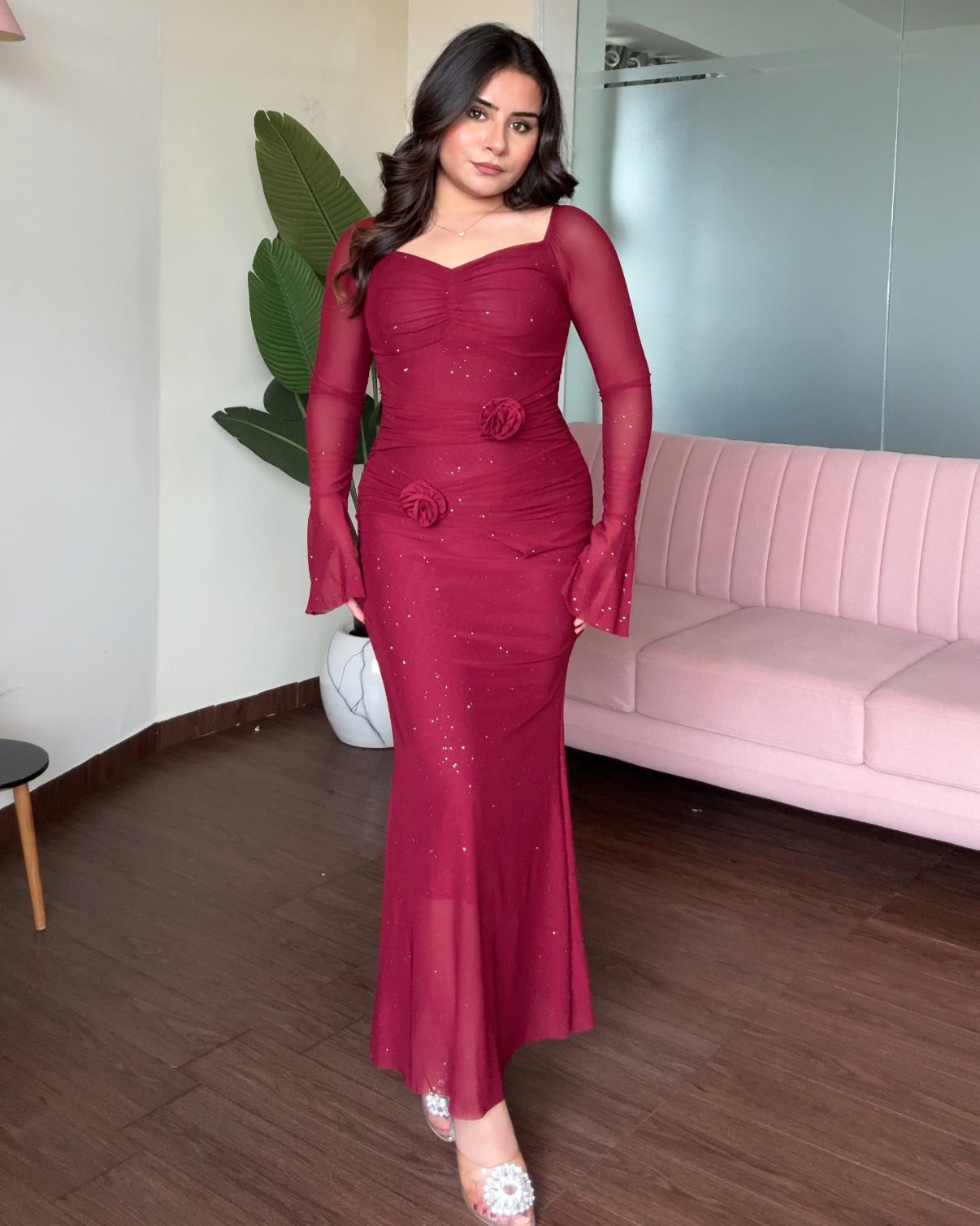 Sweetheart Necklace Rose Detail Sparkle Mesh Midi Dress