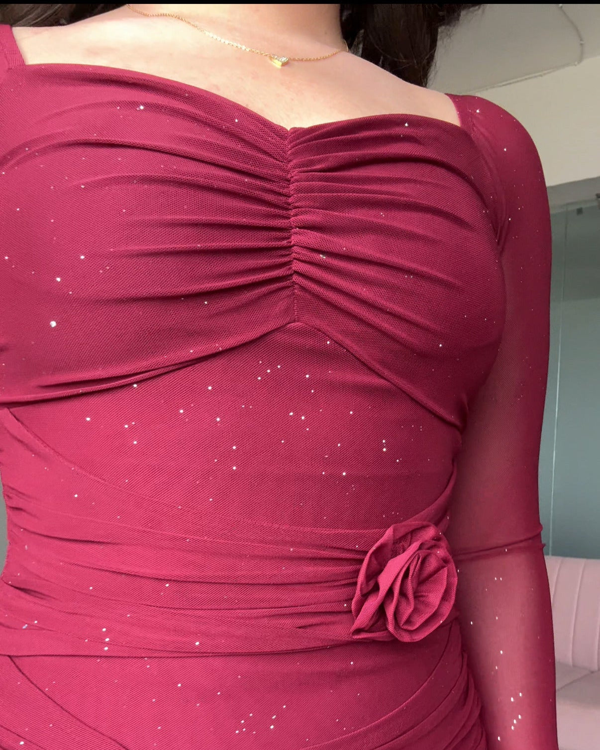 Sweetheart Necklace Rose Detail Sparkle Mesh Midi Dress