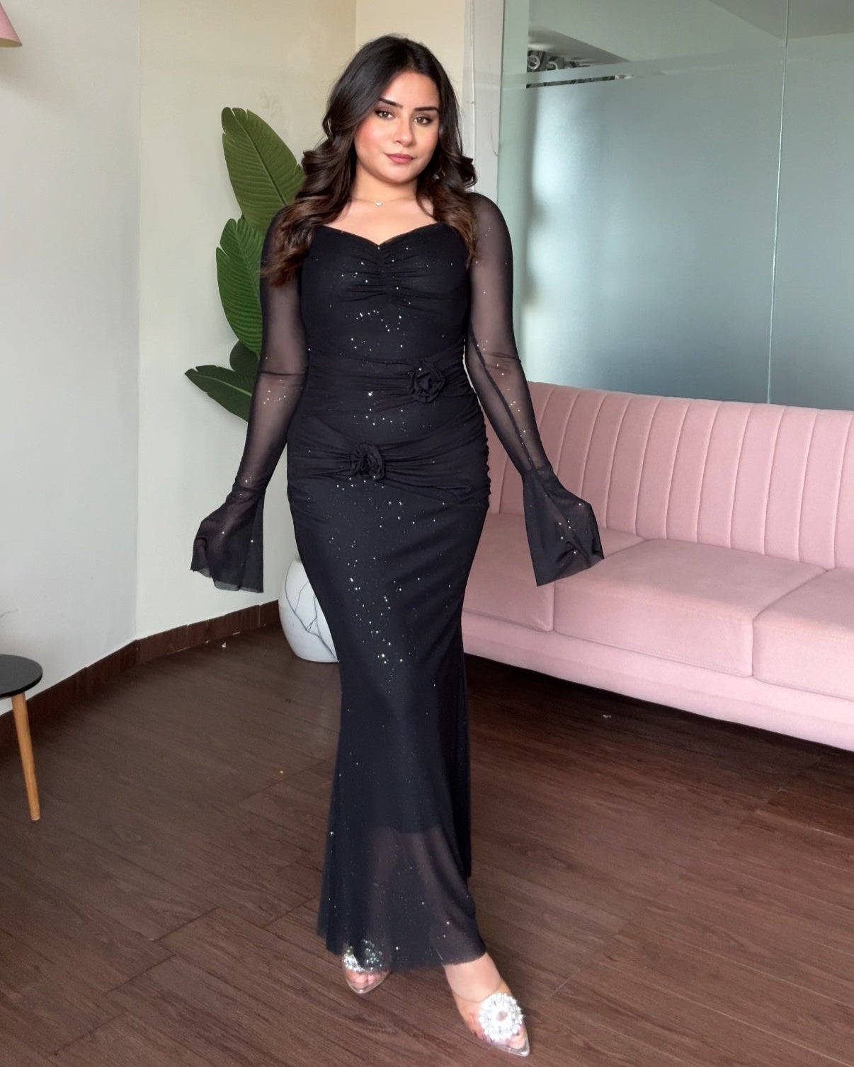 Sweetheart Necklace Rose Detail Sparkle Mesh Midi Dress