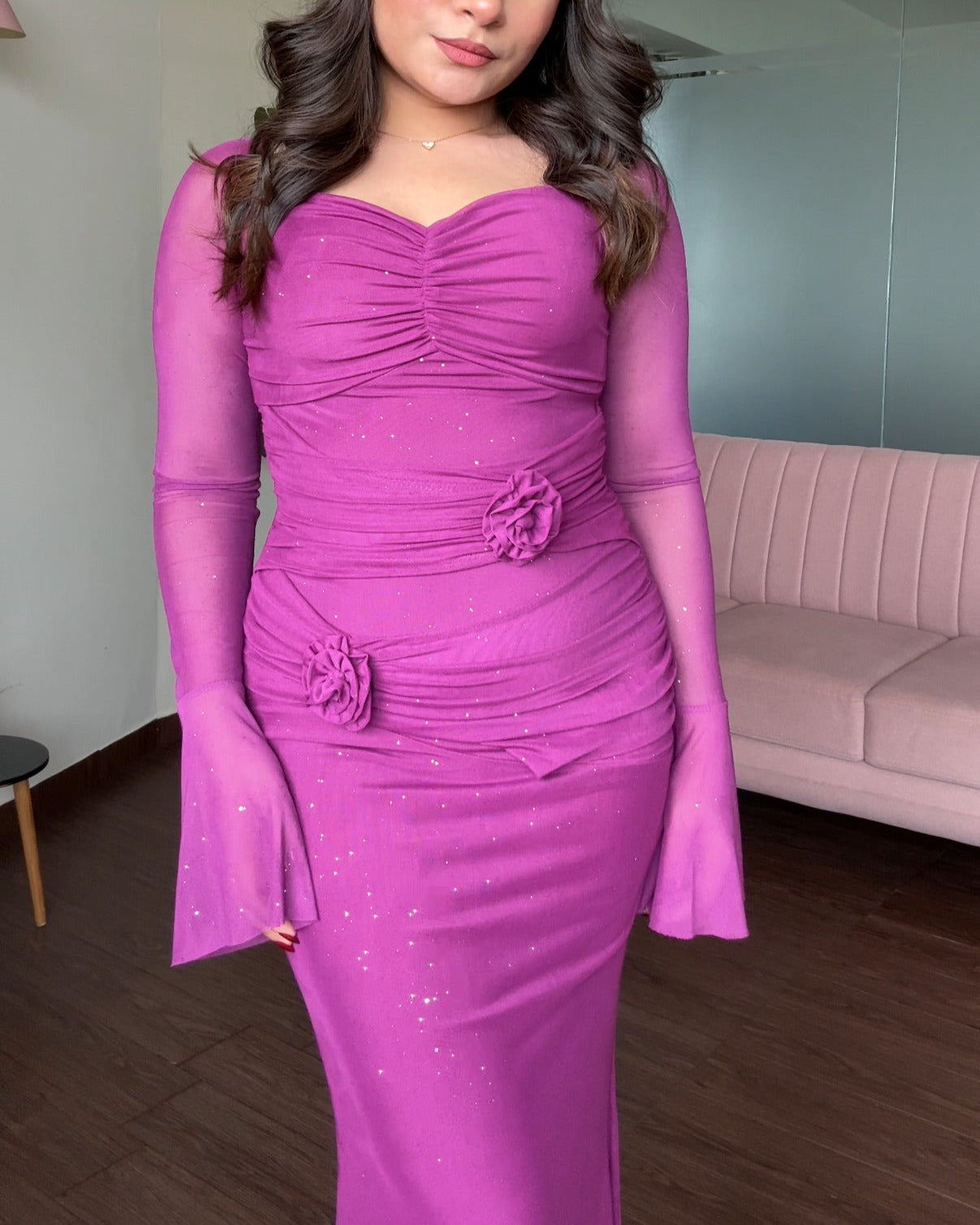 Sweetheart Necklace Rose Detail Sparkle Mesh Midi Dress