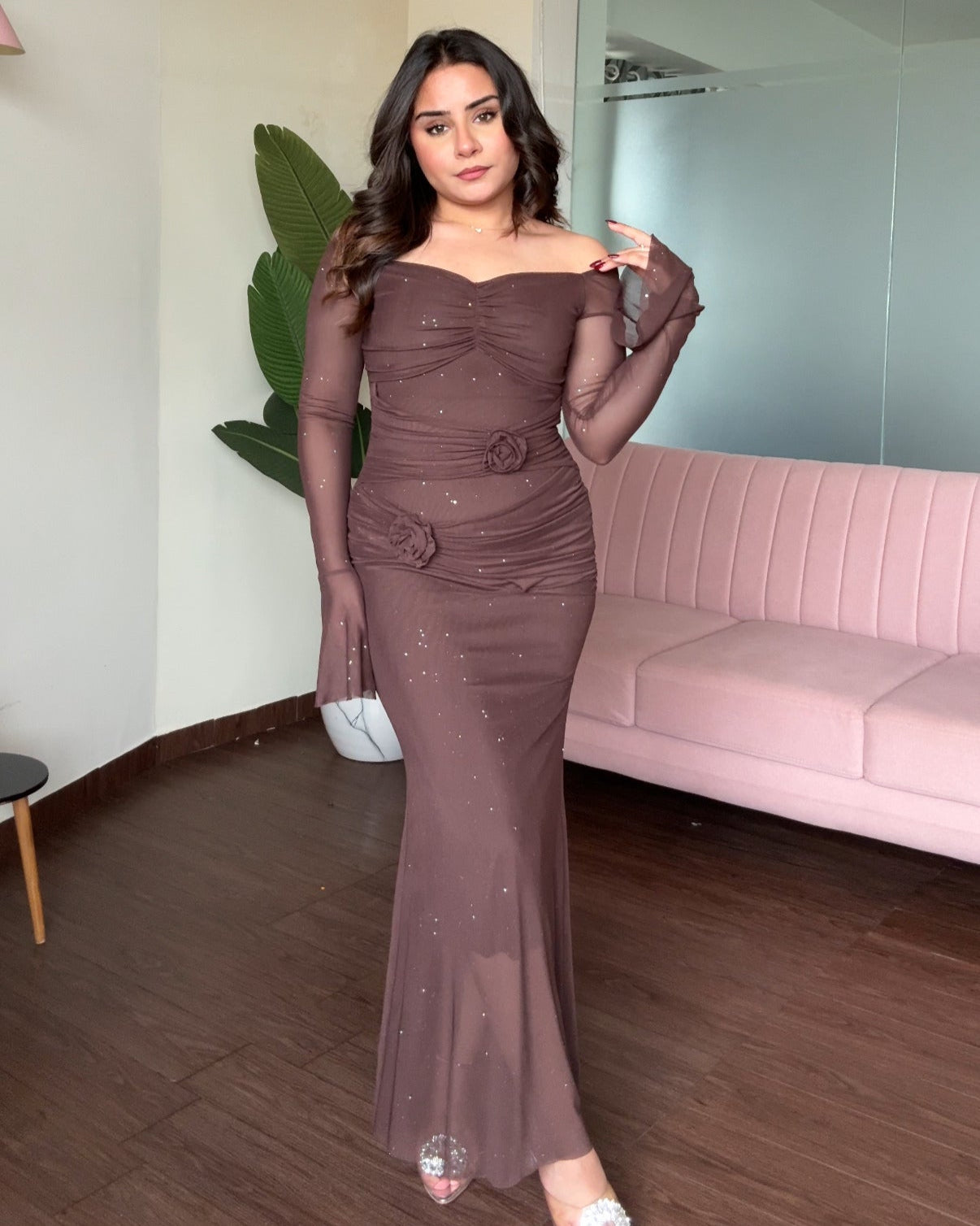 Sweetheart Necklace Rose Detail Sparkle Mesh Midi Dress