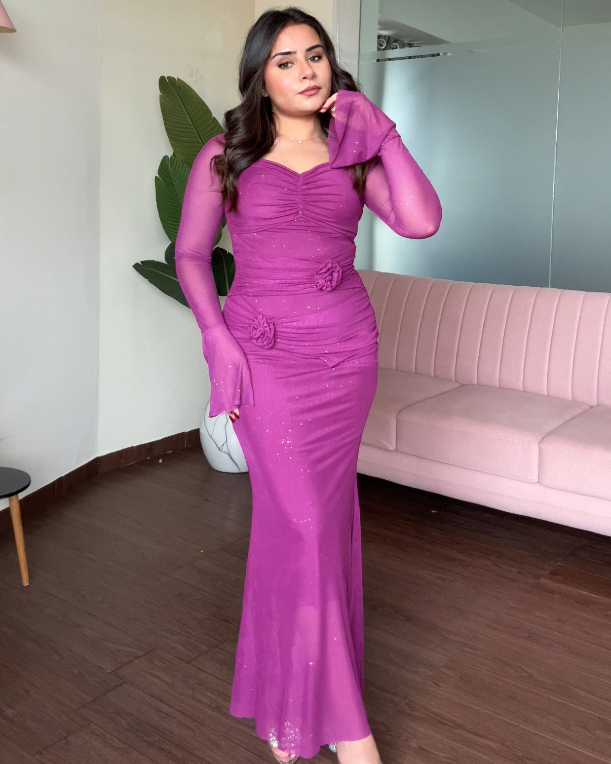 Sweetheart Necklace Rose Detail Sparkle Mesh Midi Dress