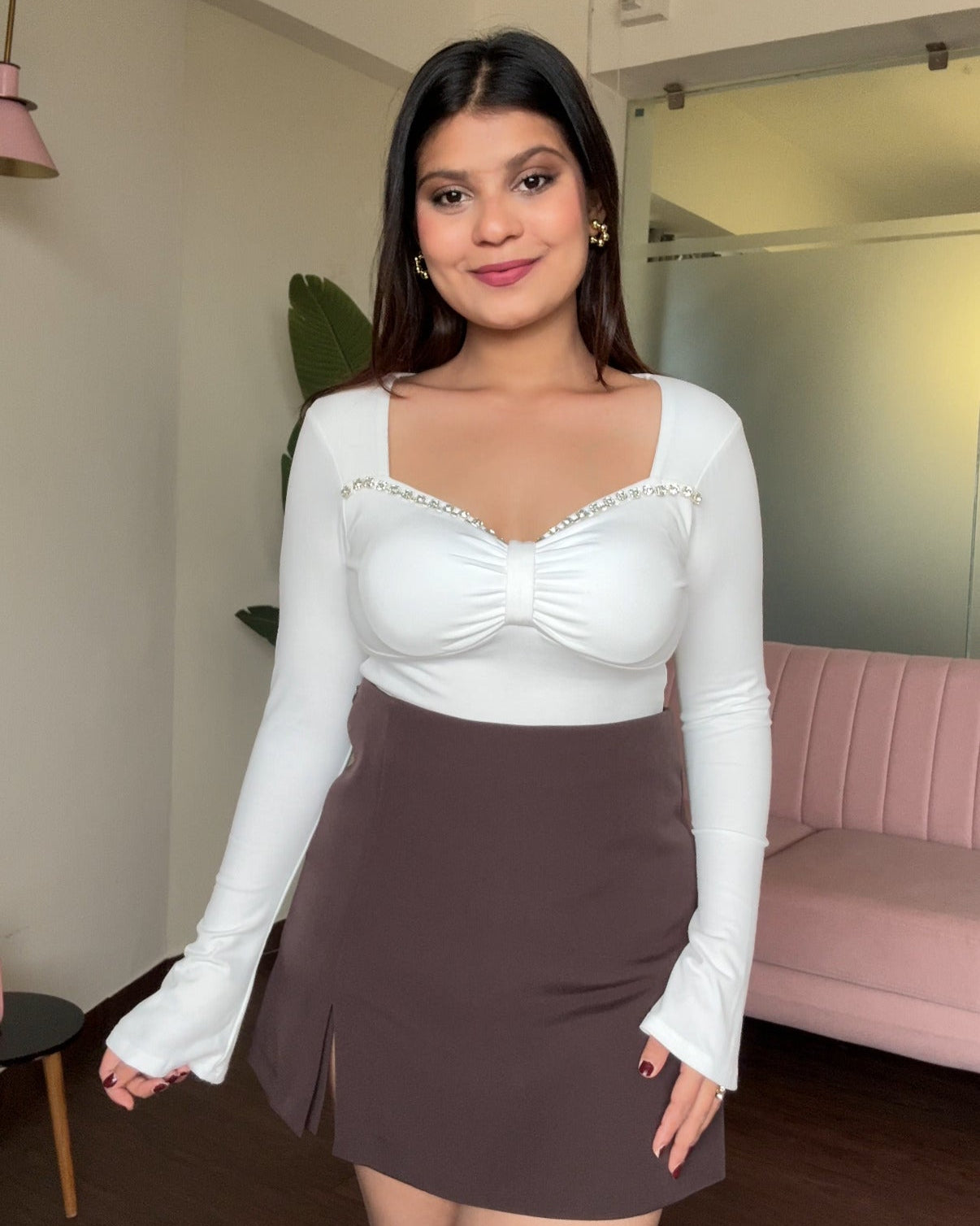 Sweetheart Neckline Rhinestones Full Sleeves Party Top