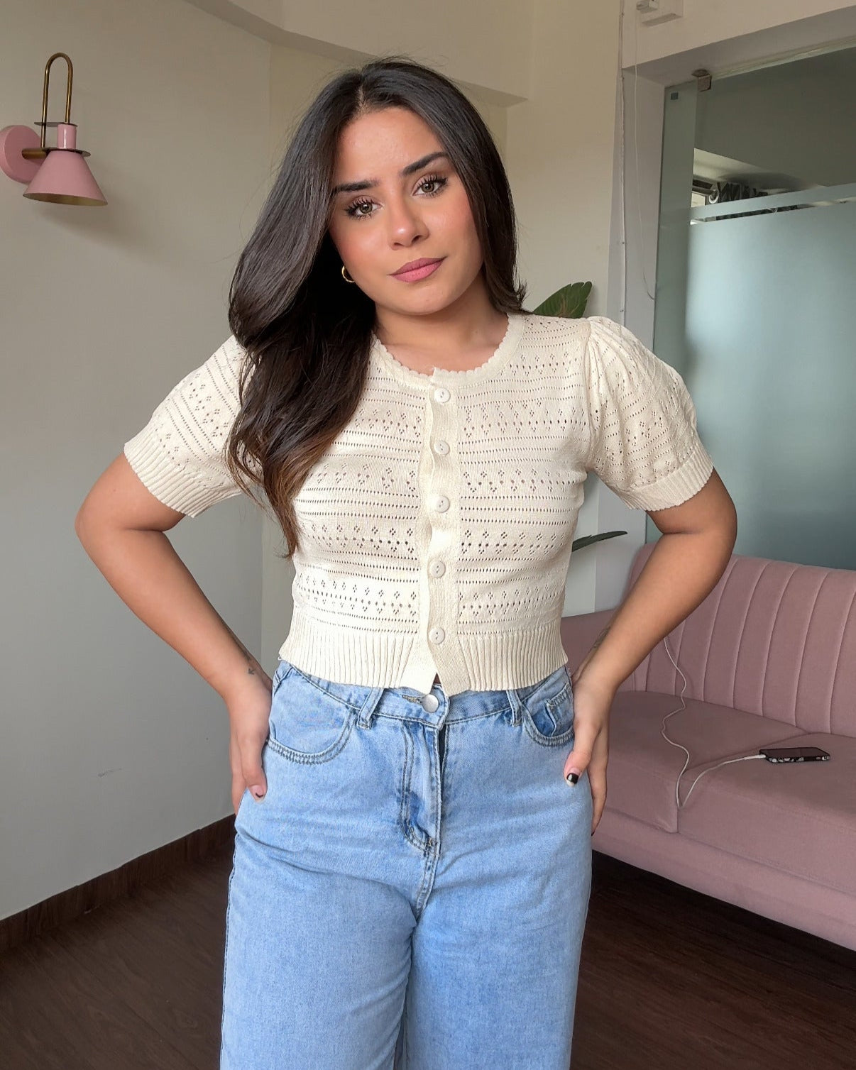 Textured Button Up Puff Sleeves Korean Top