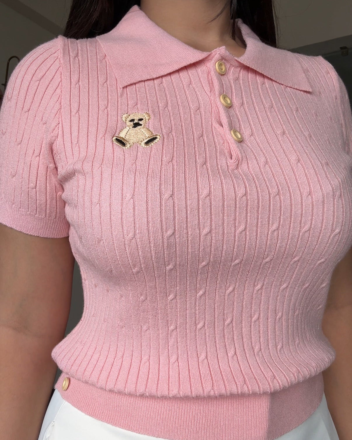Textured Teddy Embroidered Polo Fitted Top
