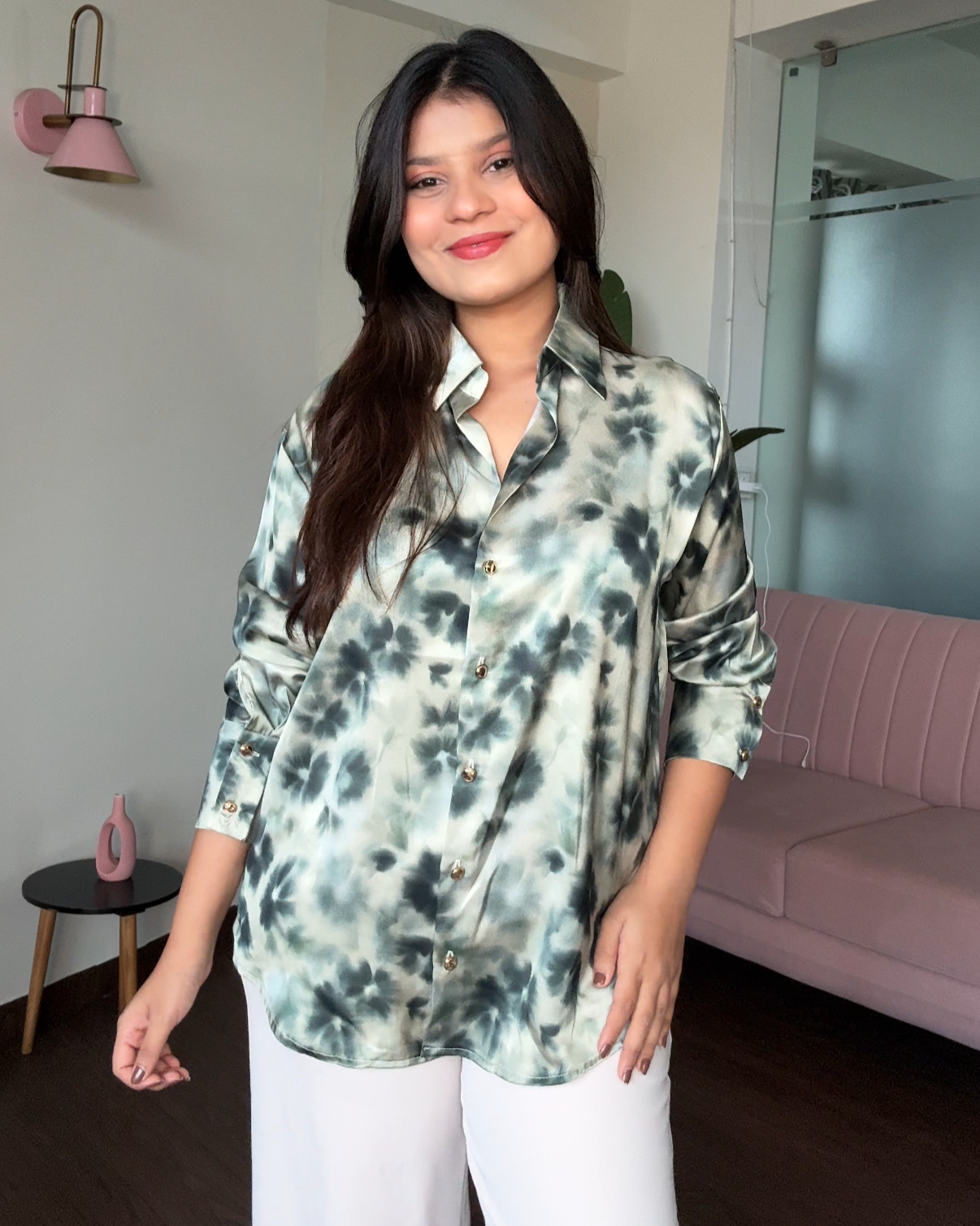 Tie Dye Teal Printed Satin Shirt