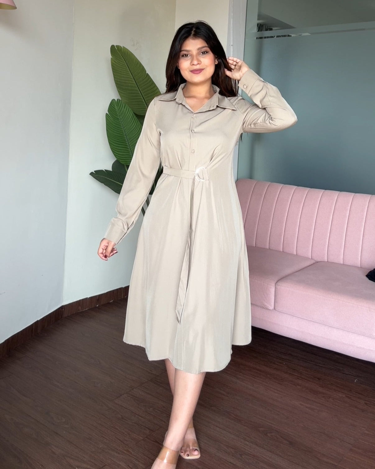 Tie Up Belted Shirt Dress