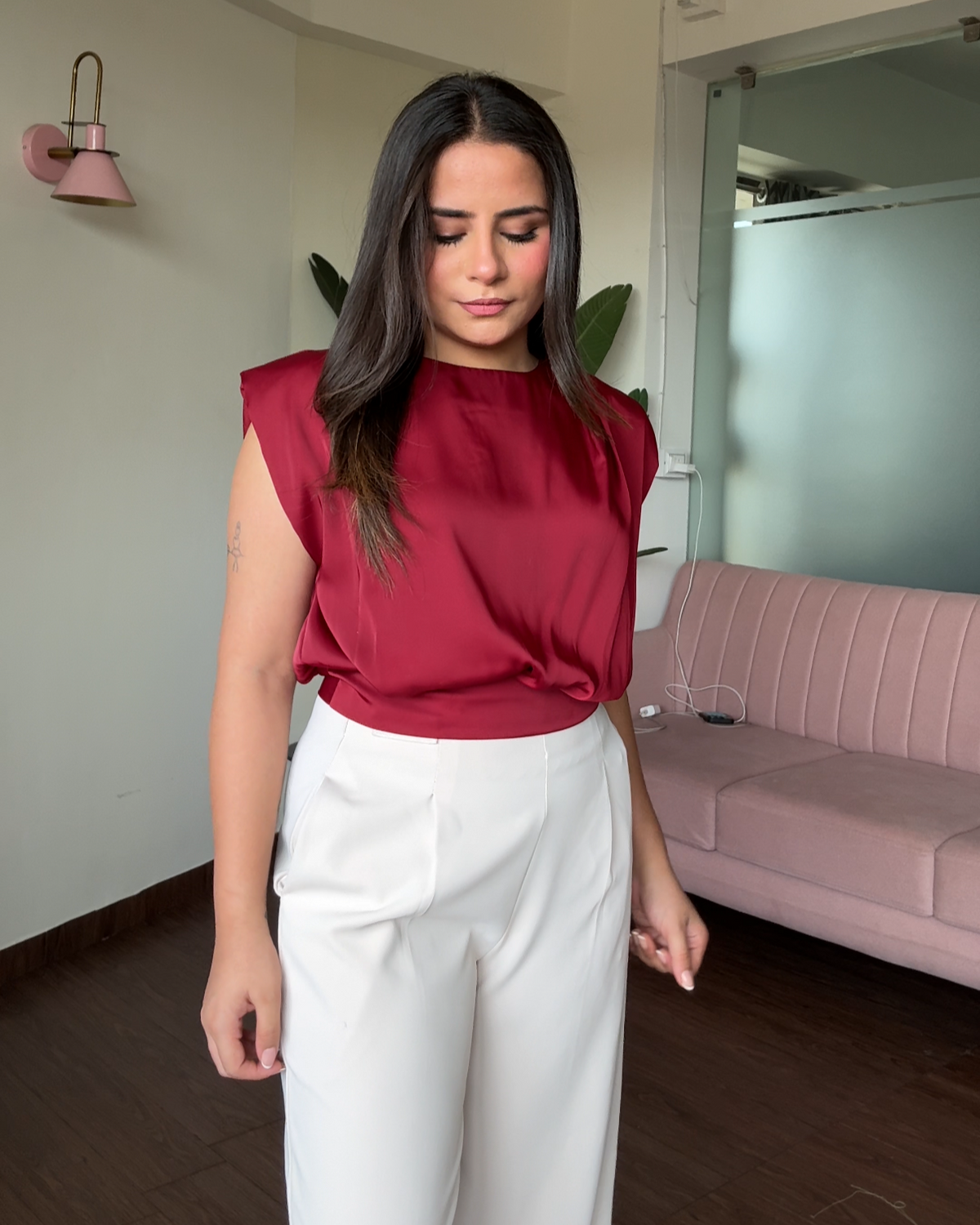 Tie Up Cut Sleeve Formal Satin Top