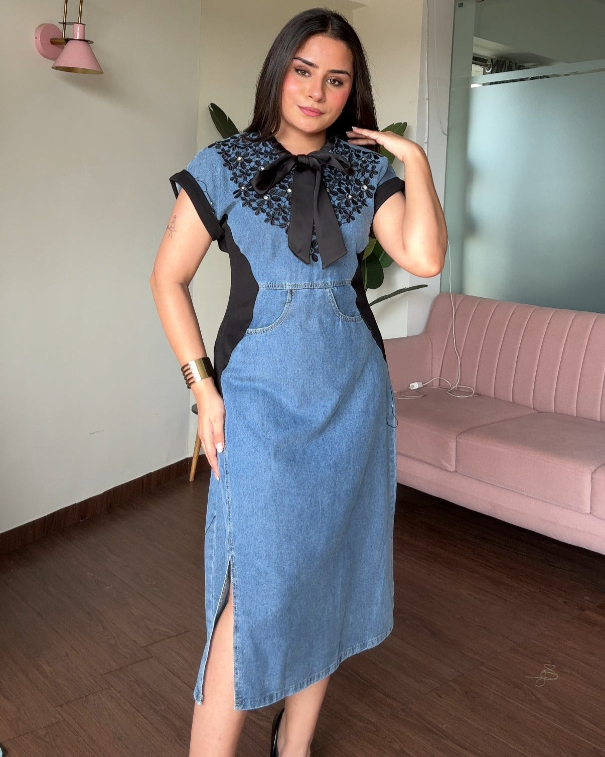 Tie Up Rhinestone Lace Detailing Denim Dress