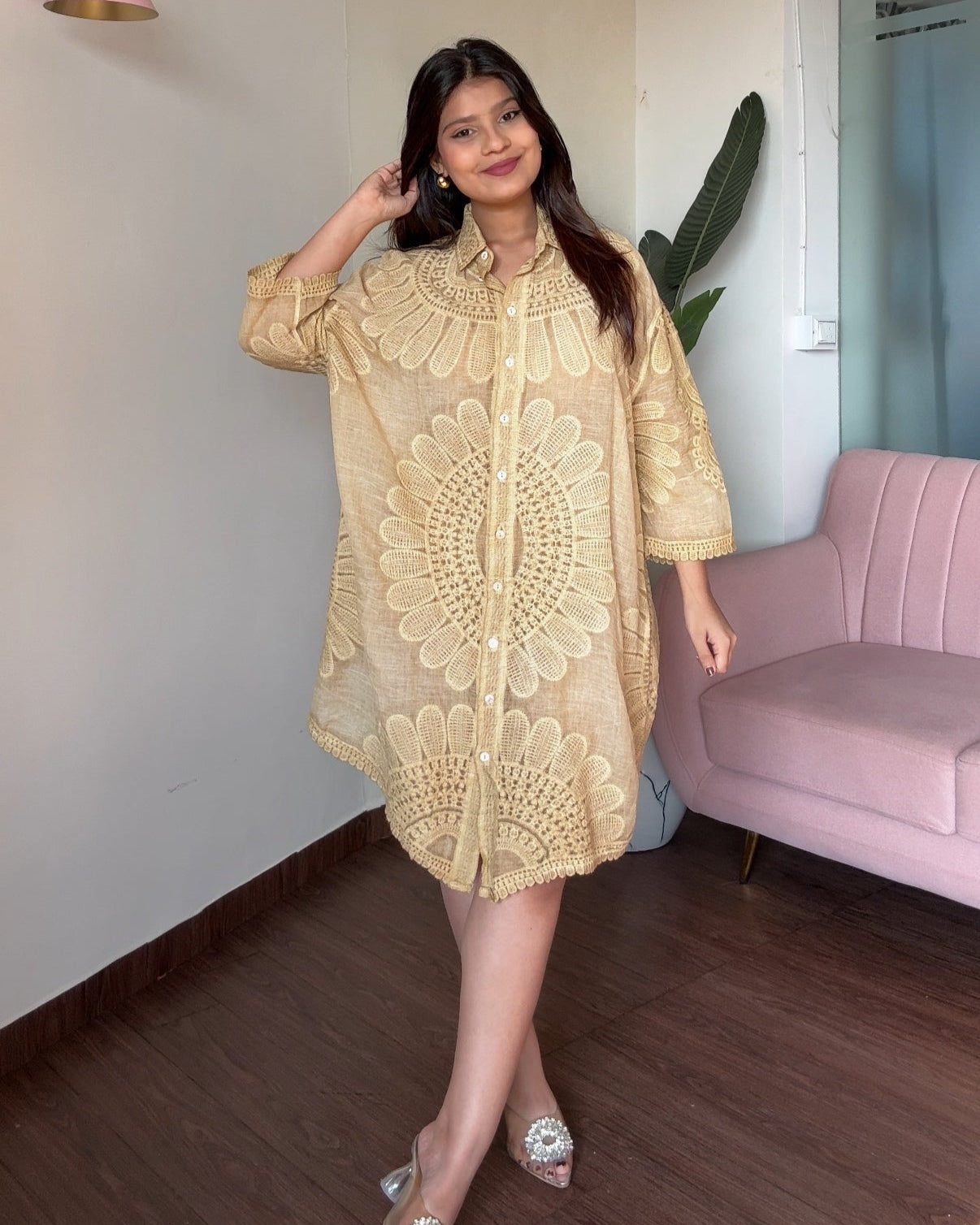 Tissue Cotton Floral Embroidery Button-Up Shirt Dress