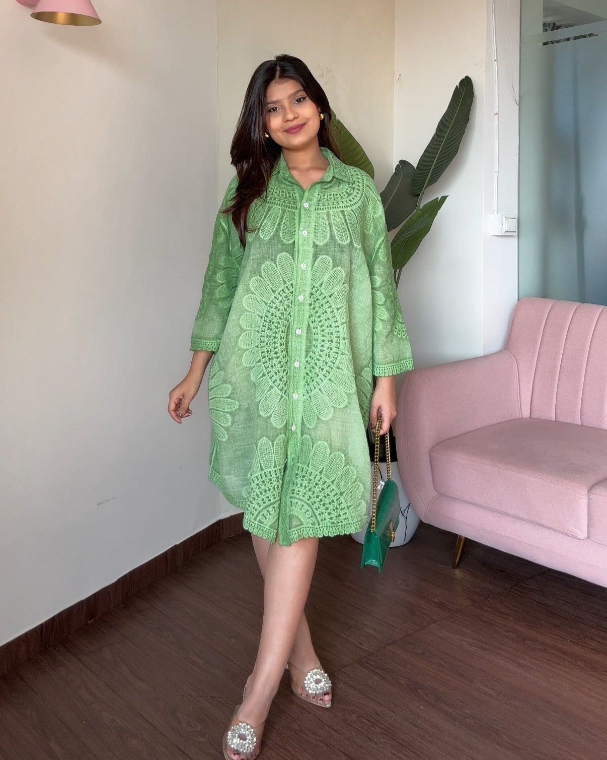 Tissue Cotton Floral Embroidery Button-Up Shirt Dress