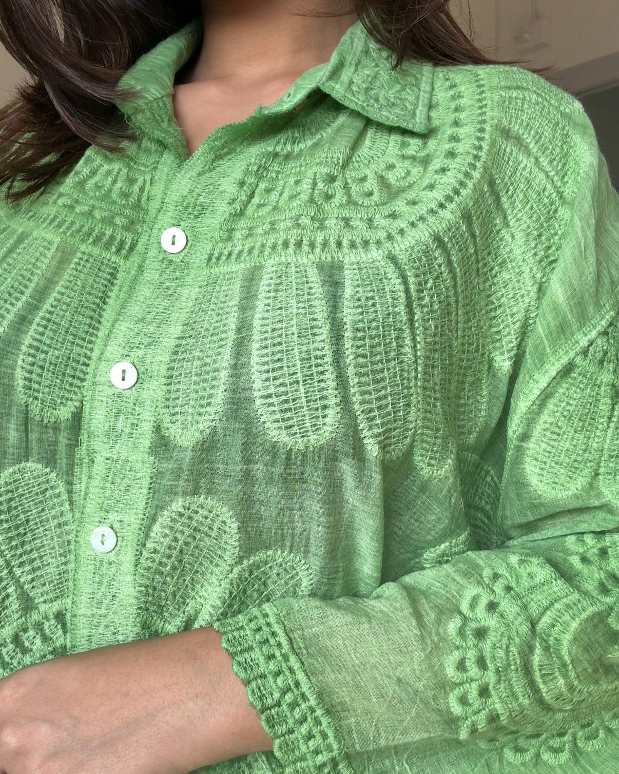 Tissue Cotton Floral Embroidery Button-Up Shirt Dress