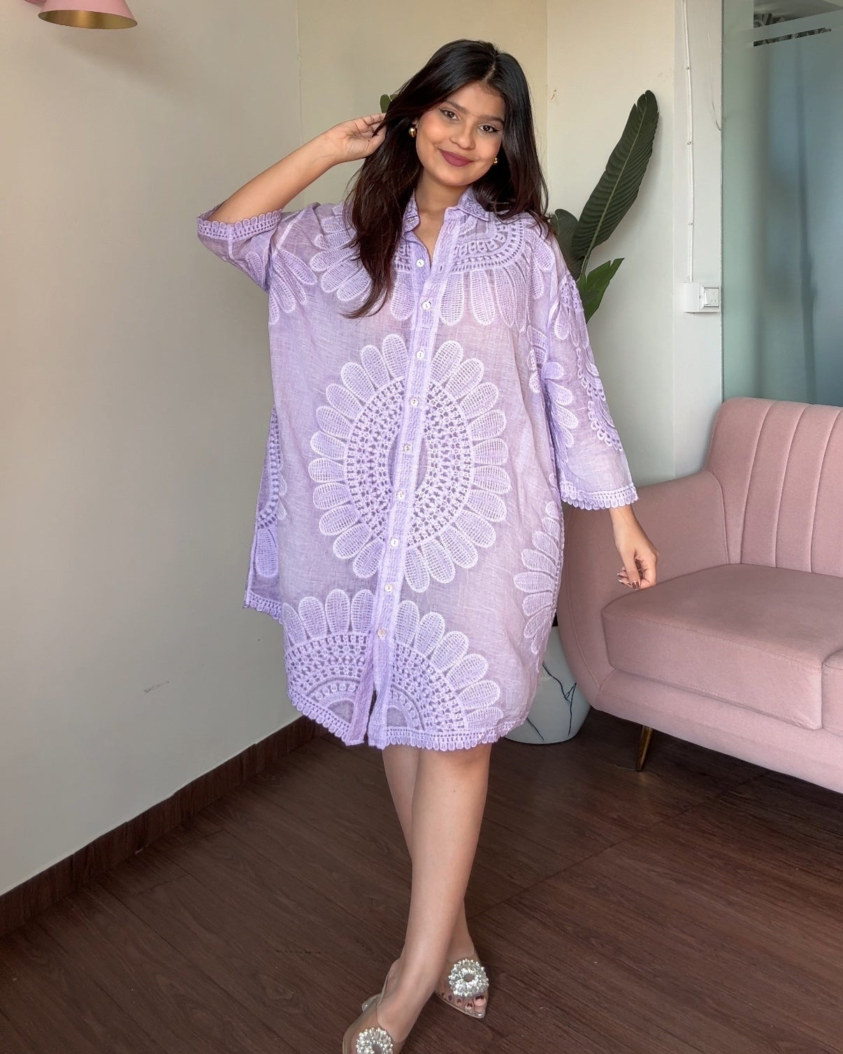 Tissue Cotton Floral Embroidery Button-Up Shirt Dress