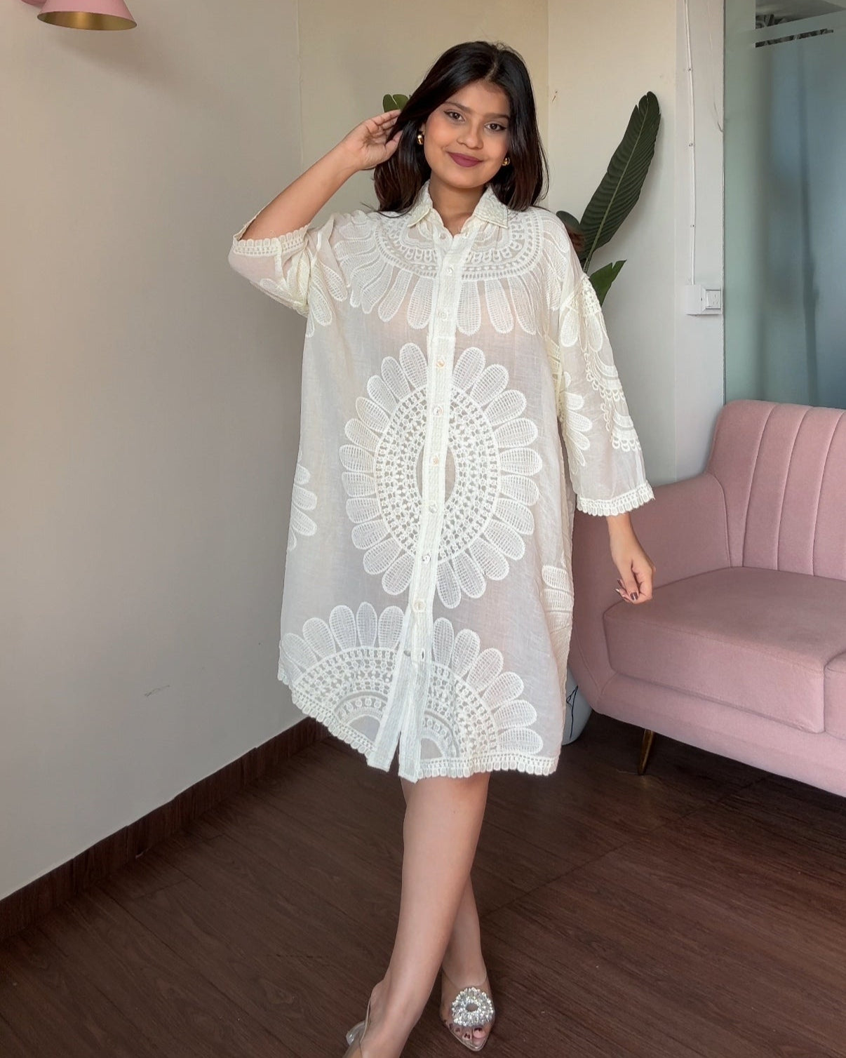 Tissue Cotton Floral Embroidery Button-Up Shirt Dress