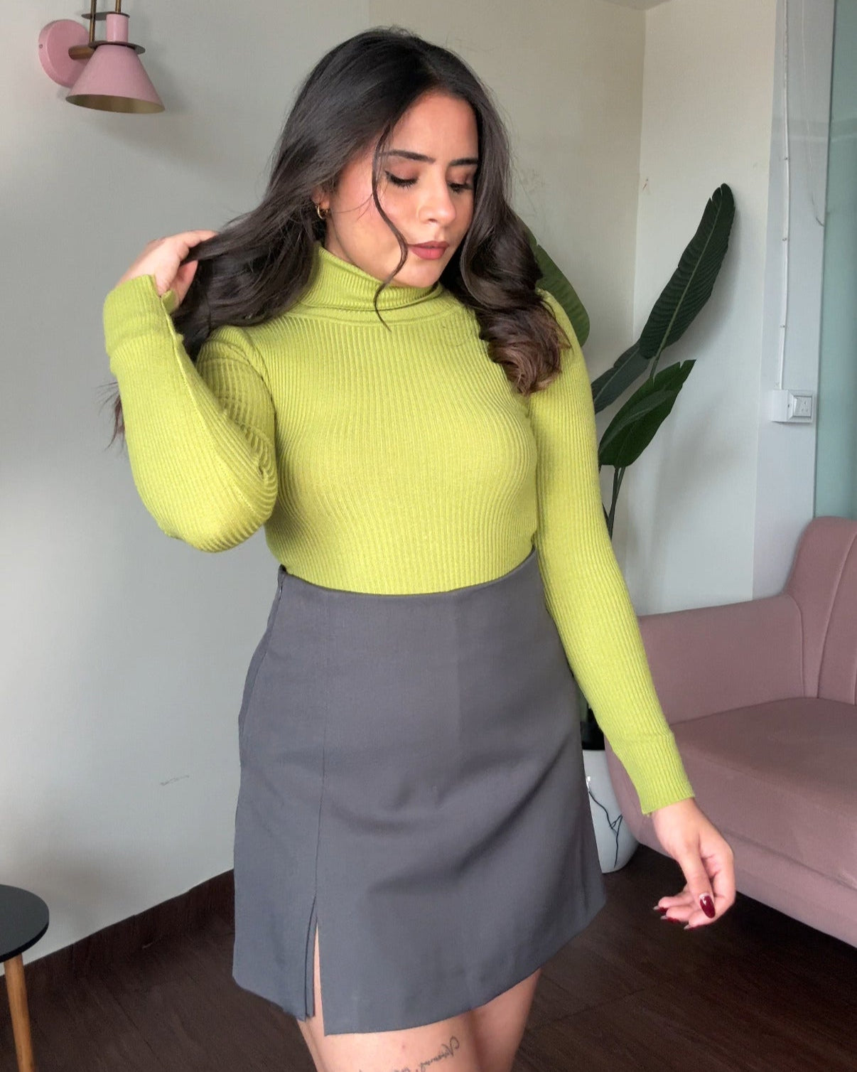 Turtle Neck Ribbed Knitted Fitted Top