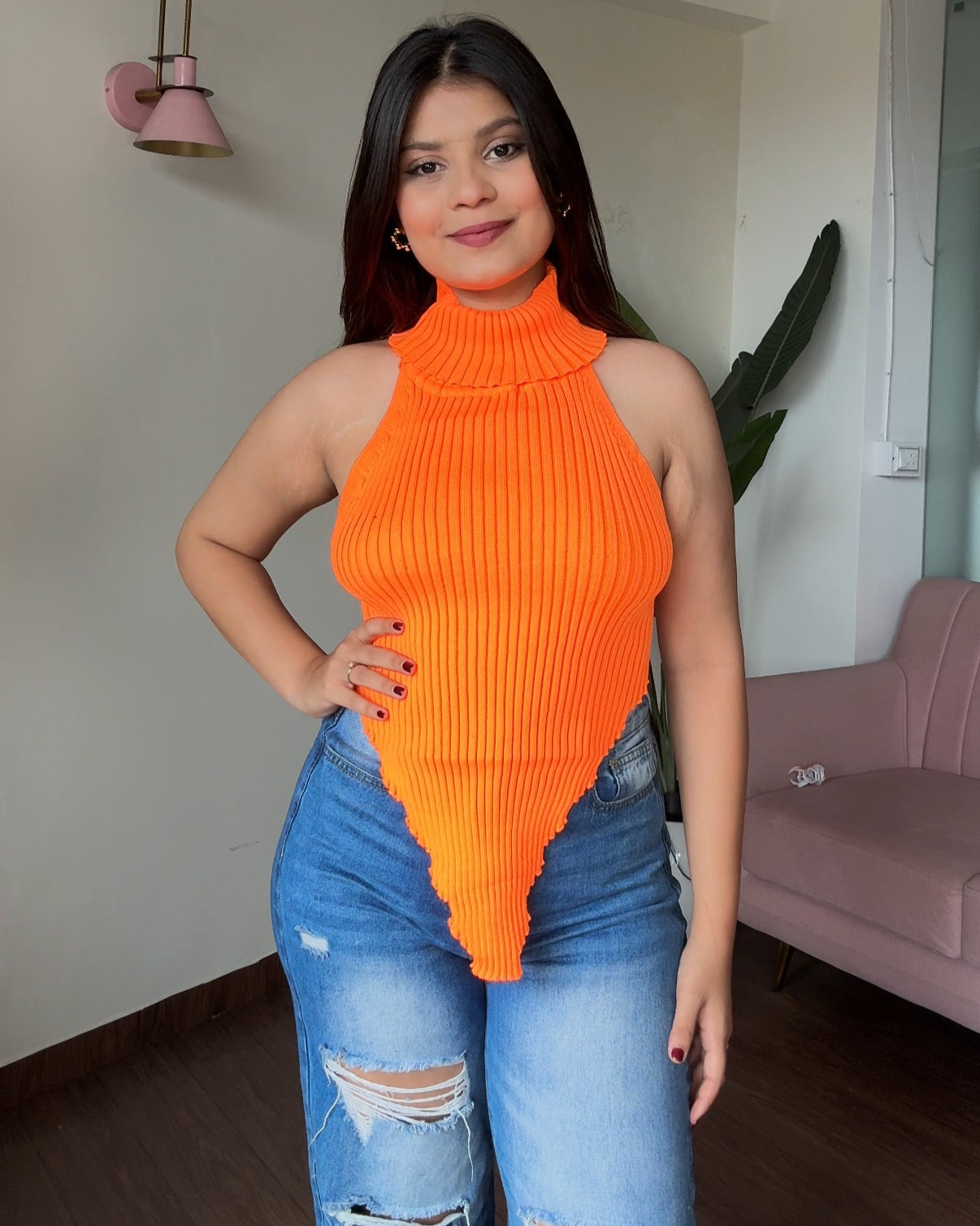 Turtleneck Ribbed Backless Top