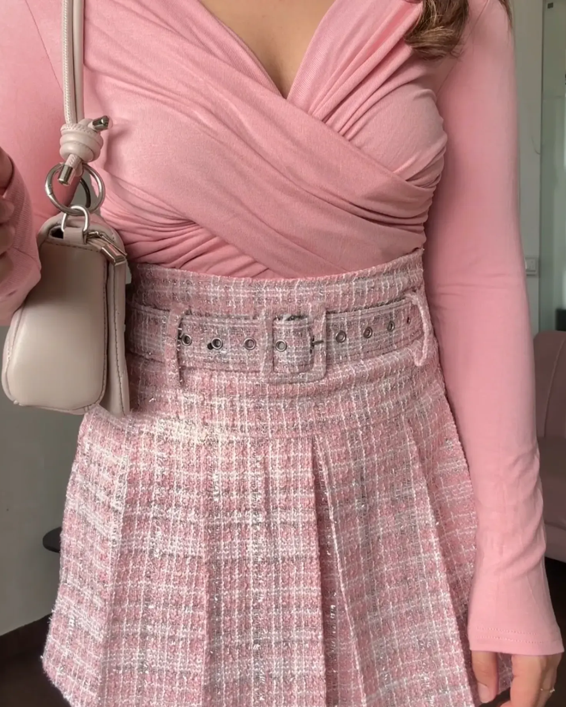 Tweed Checker Pleated Skirt With Belt