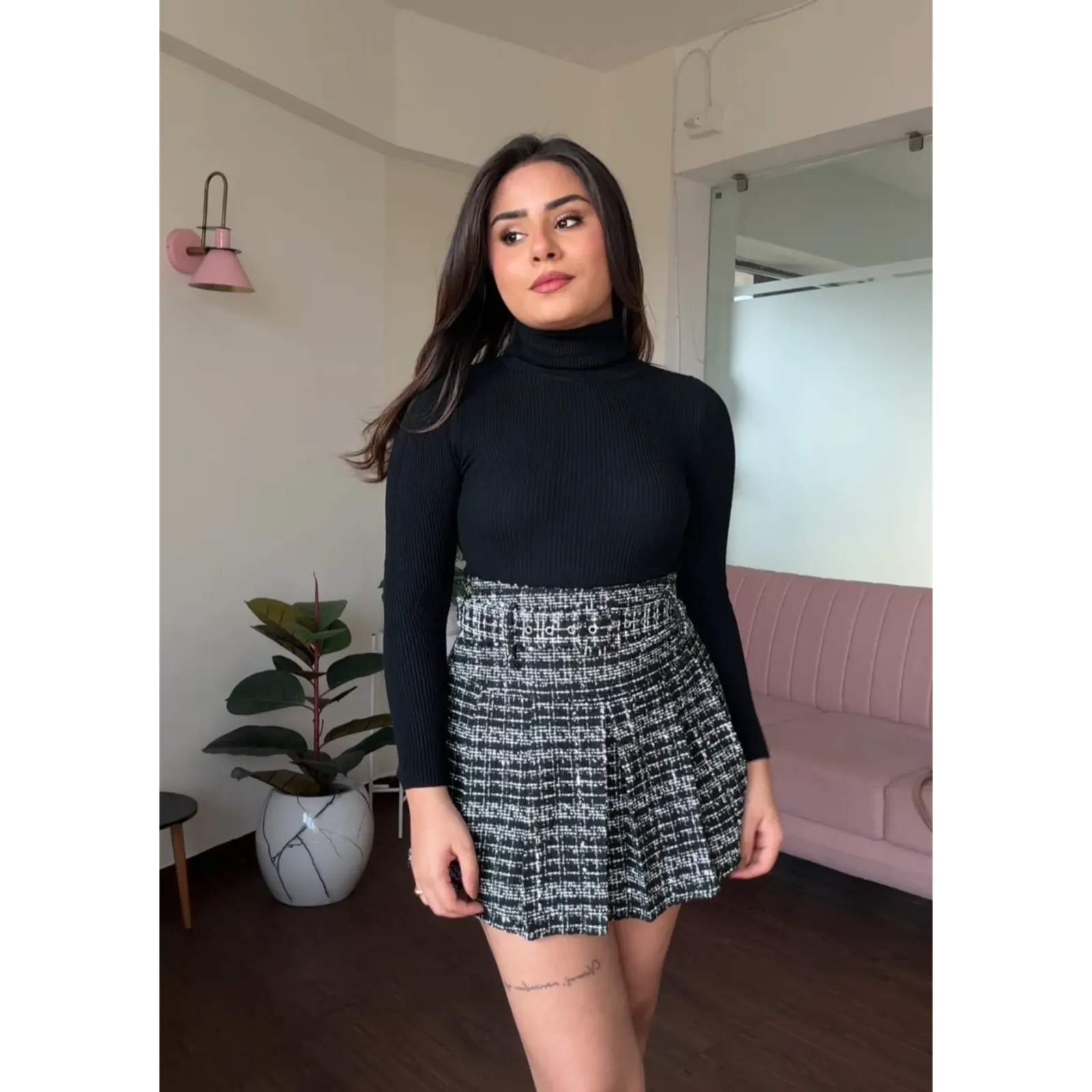 Tweed Checker Pleated Skirt With Belt